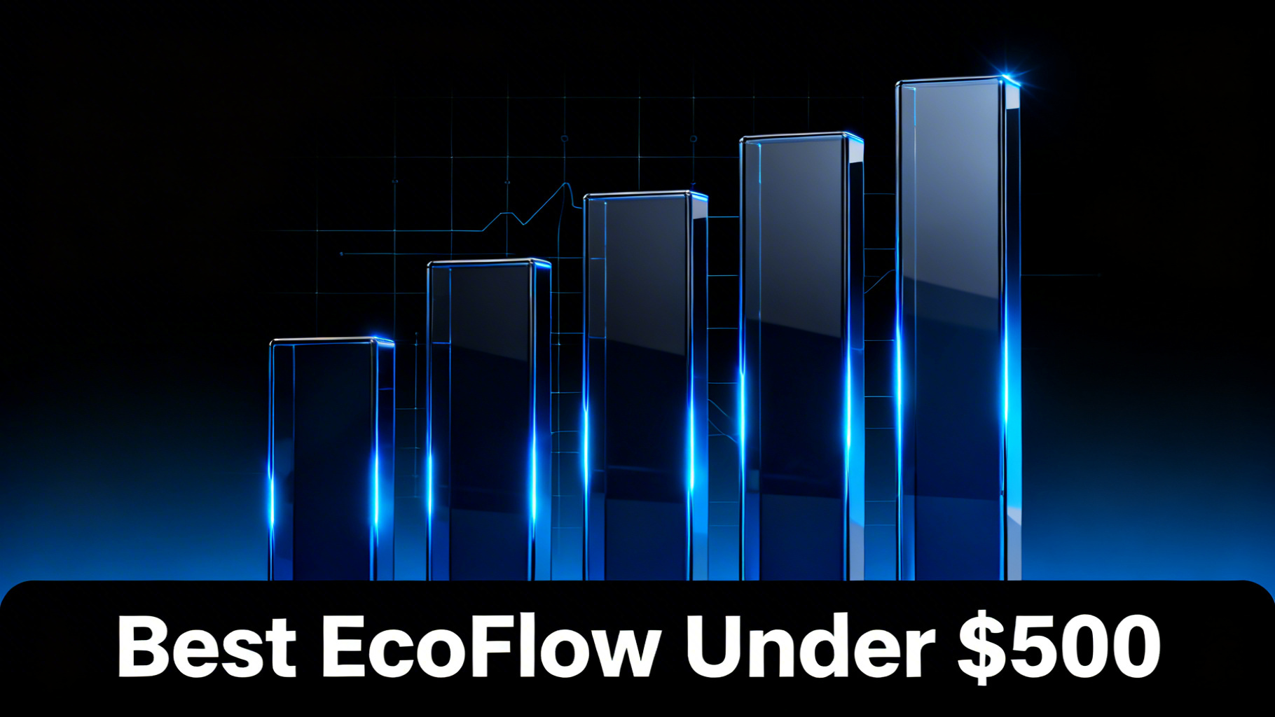 Bold power-tech buying guide hero image with deep black gradient, angular geometric shapes increasing in size and electric blue outlines for EcoFlow budget power station guide