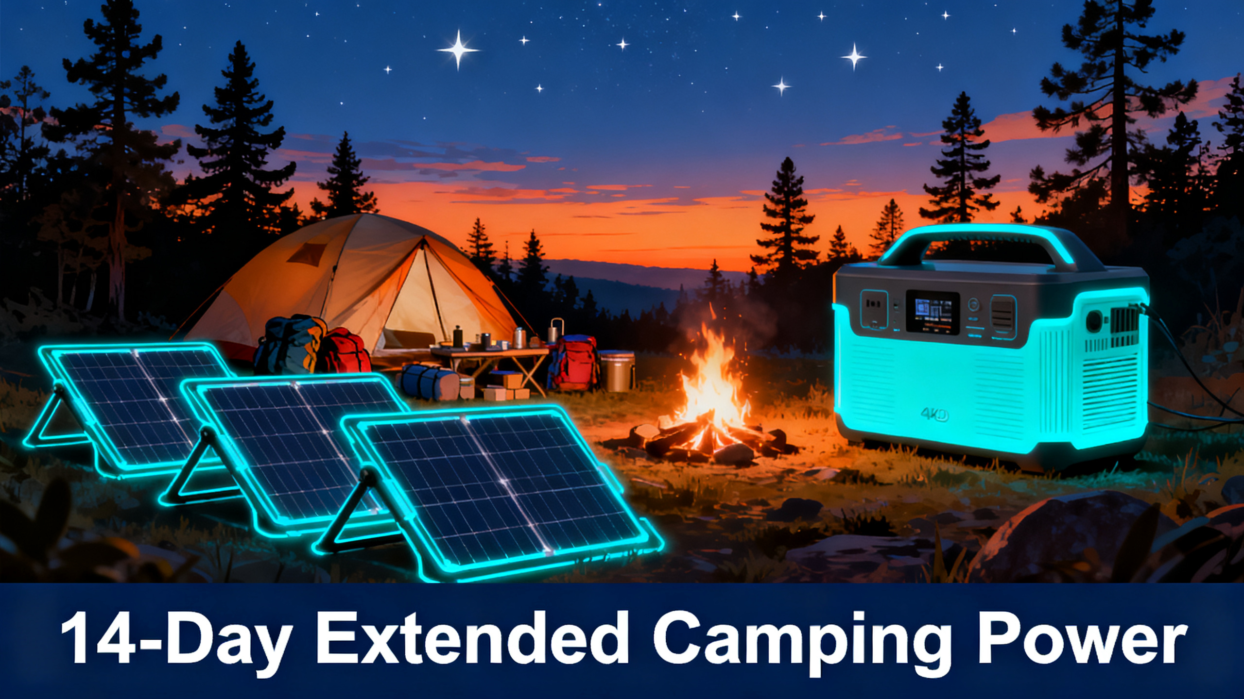 Illustrated extended camping scene at dusk with established multi-day camp, multiple solar panels deployed, orange-to-navy gradient sky, large power station glowing cyan, pine trees, white text '14-Day Extended Camping Power' on navy bar.