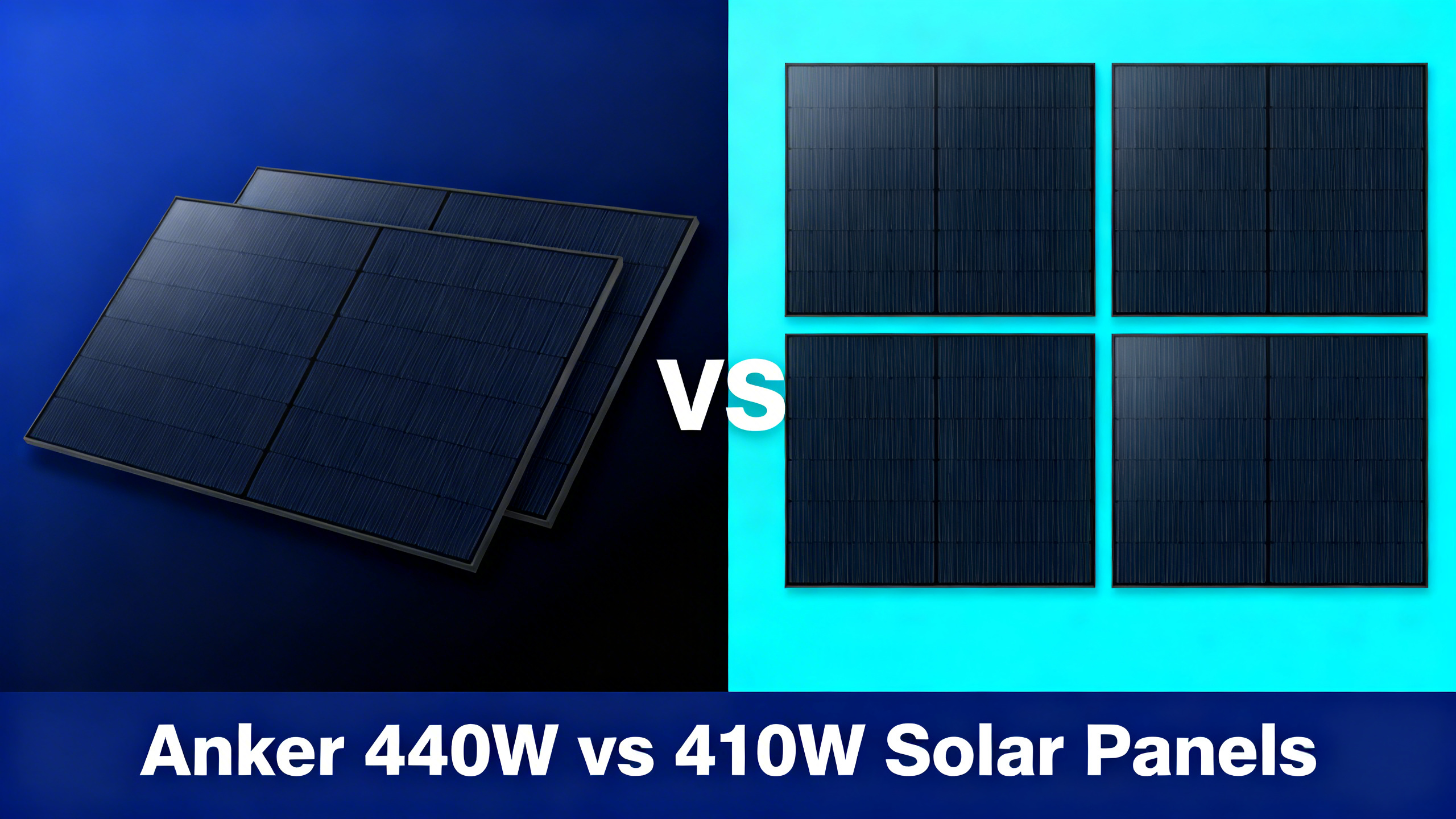 Split design comparing Anker 440W and 410W solar panels with real product photos and VS divider.