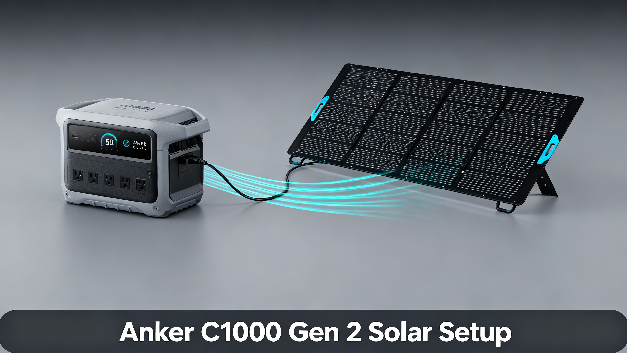 Anker SOLIX C1000 Gen 2 connected to PS400 solar panel with cyan energy flow lines on charcoal background.