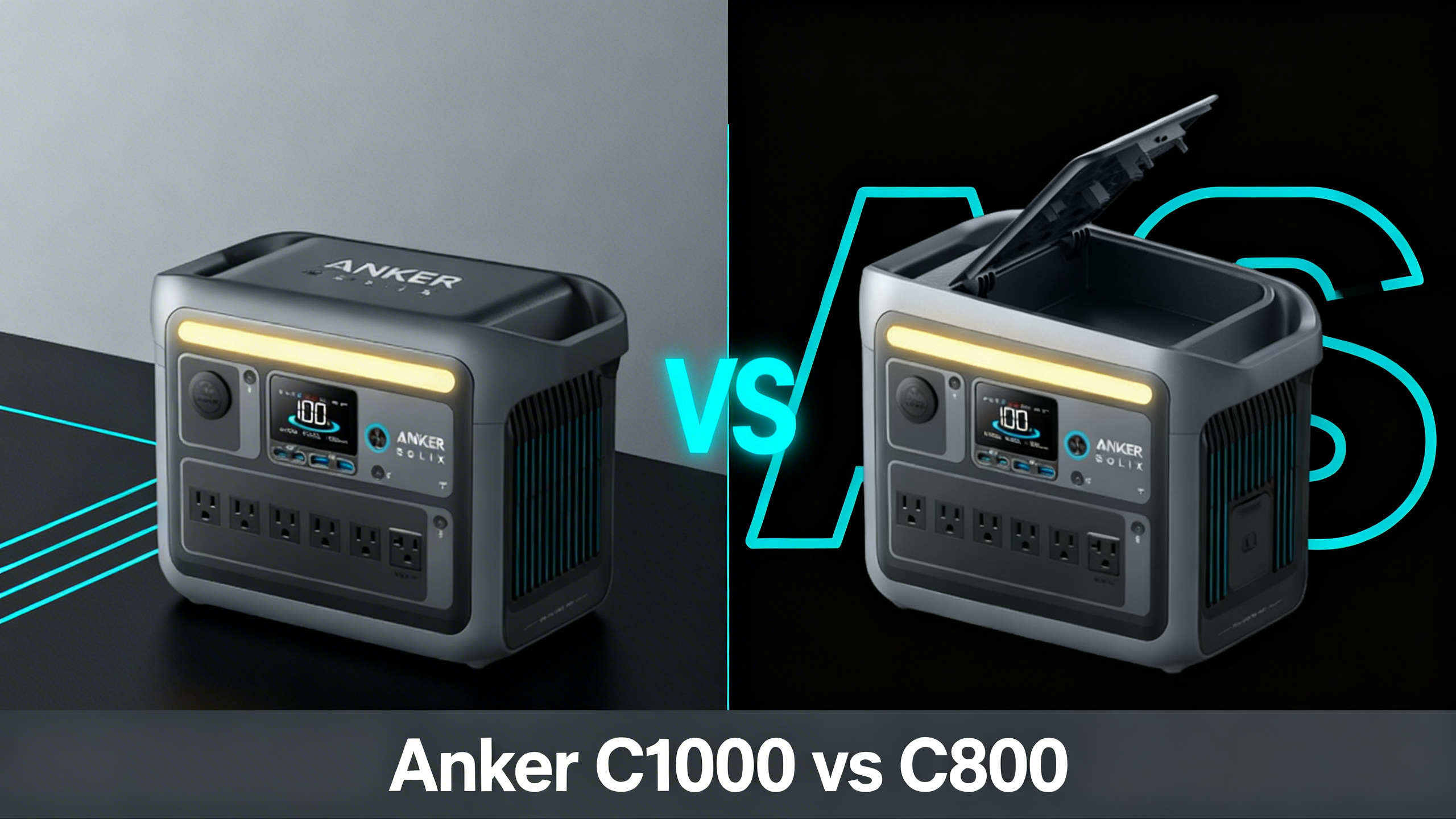 Split-design illustration comparing Anker SOLIX C1000 and C800 mid-range power stations on charcoal gray and cyan background