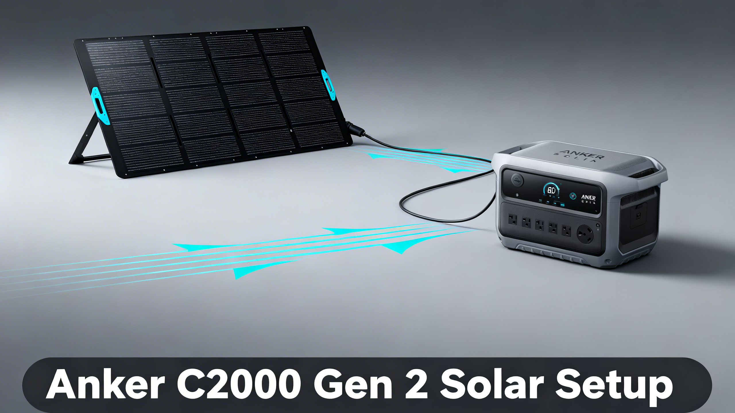 Anker SOLIX C2000 Gen 2 connected to PS400 solar panel with cyan energy flow lines on charcoal background.