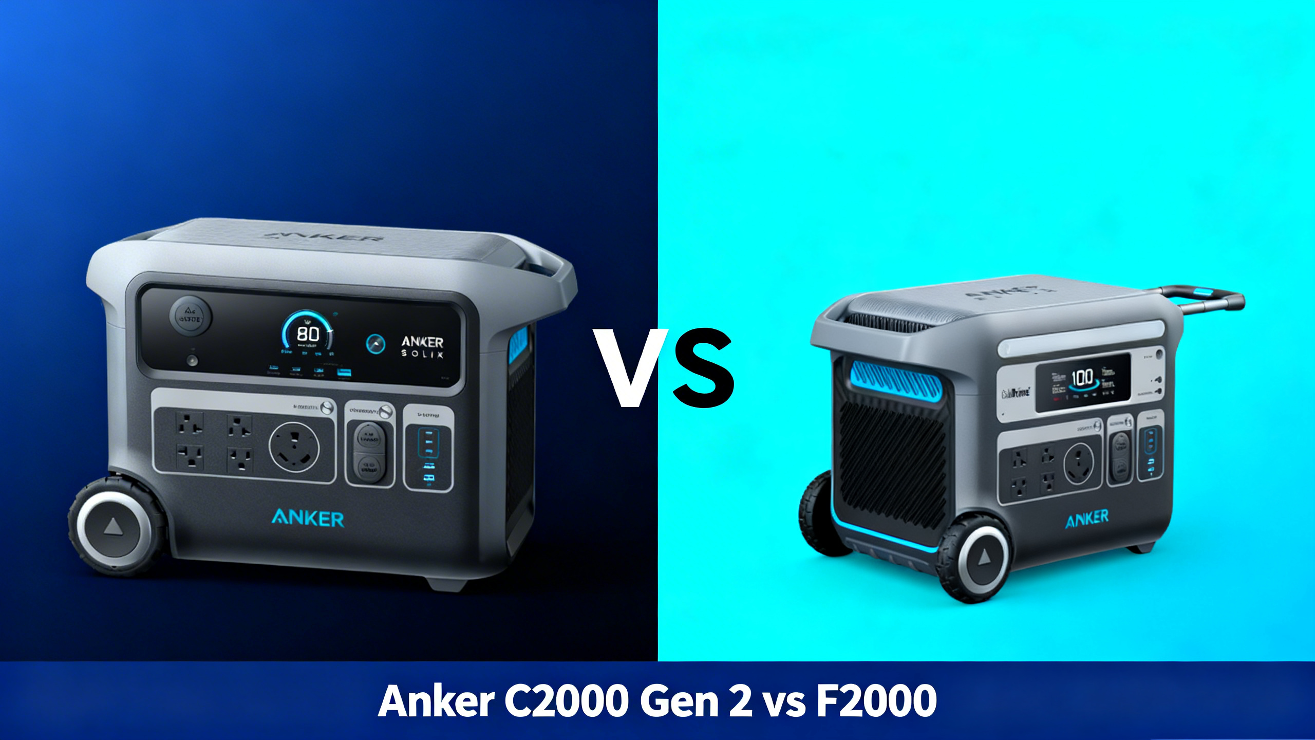 Split design comparing Anker C2000 Gen 2 and F2000 with real product photos and VS divider.