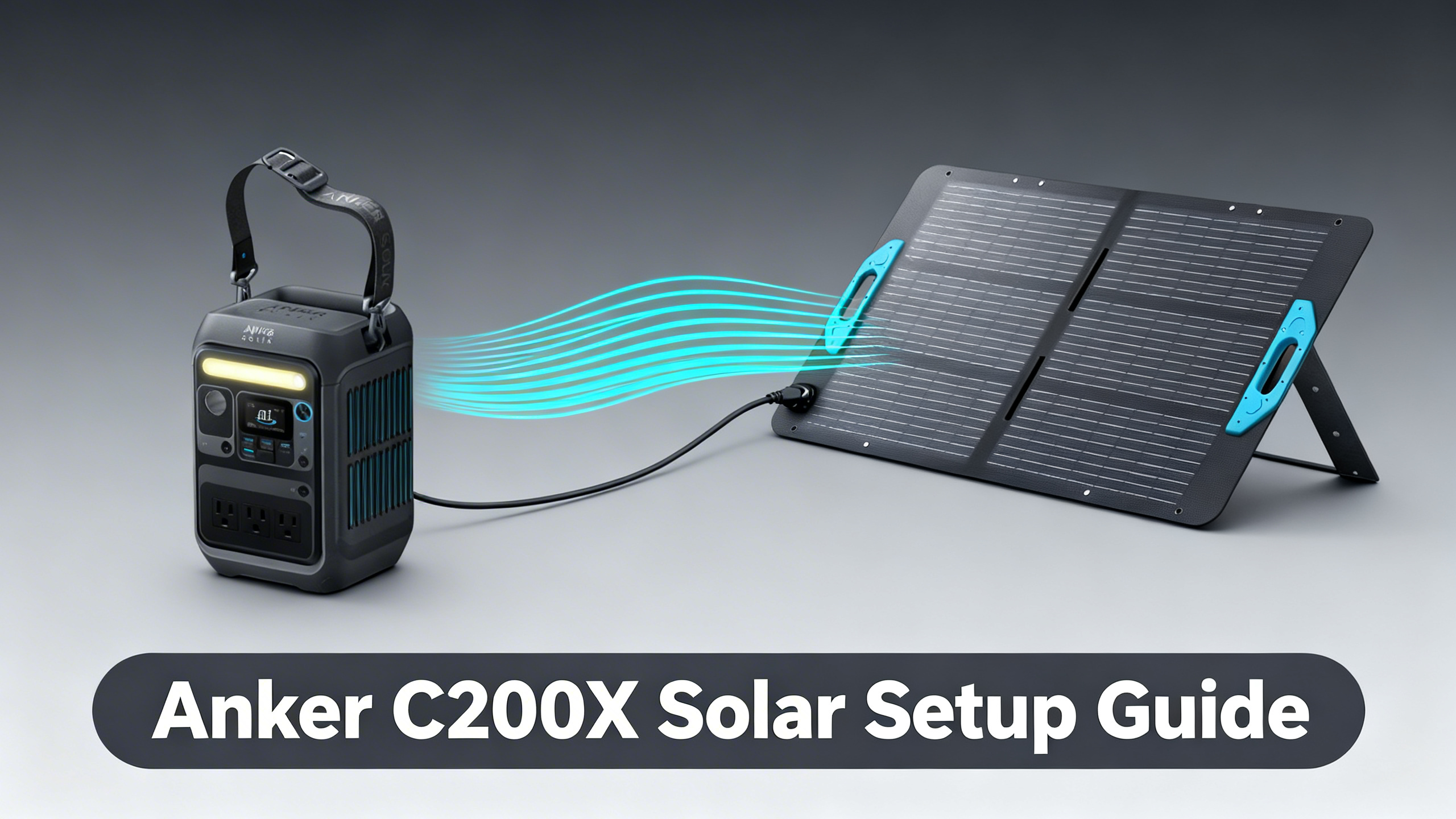 Anker SOLIX C200X connected to PS100 solar panel with cyan energy flow lines on charcoal background.