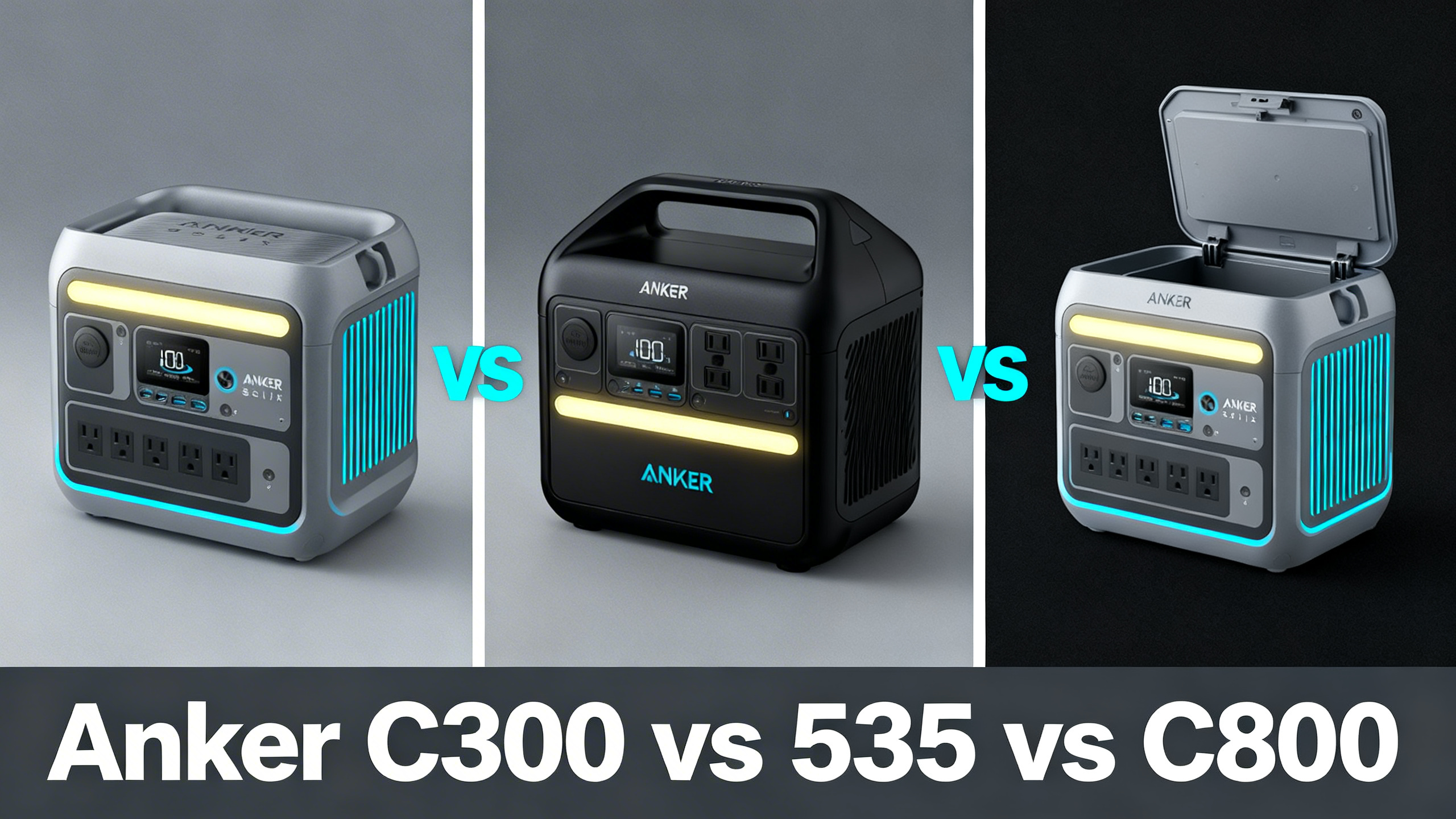 Modern minimalist three-way illustration comparing Anker SOLIX C300 535 PowerHouse and C800 budget power stations on charcoal background