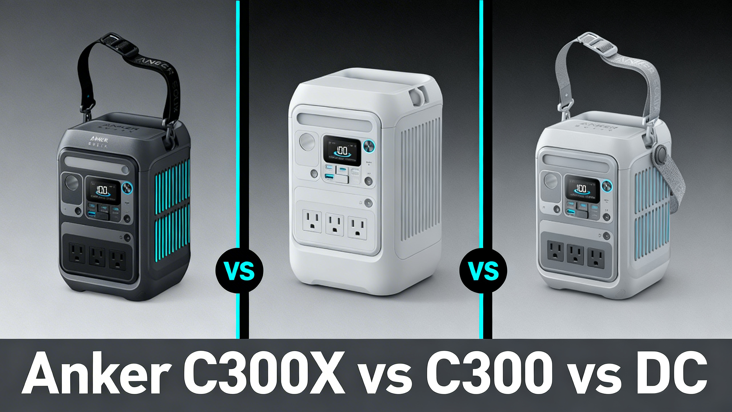 Modern minimalist three-way illustration comparing Anker SOLIX C300X C300 and C300 DC compact power stations on charcoal background