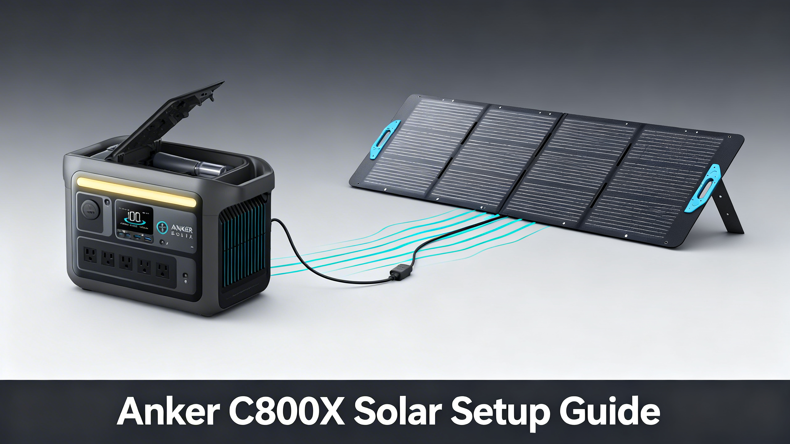 Anker SOLIX C800X connected to PS200 solar panel with cyan energy flow lines on charcoal background.