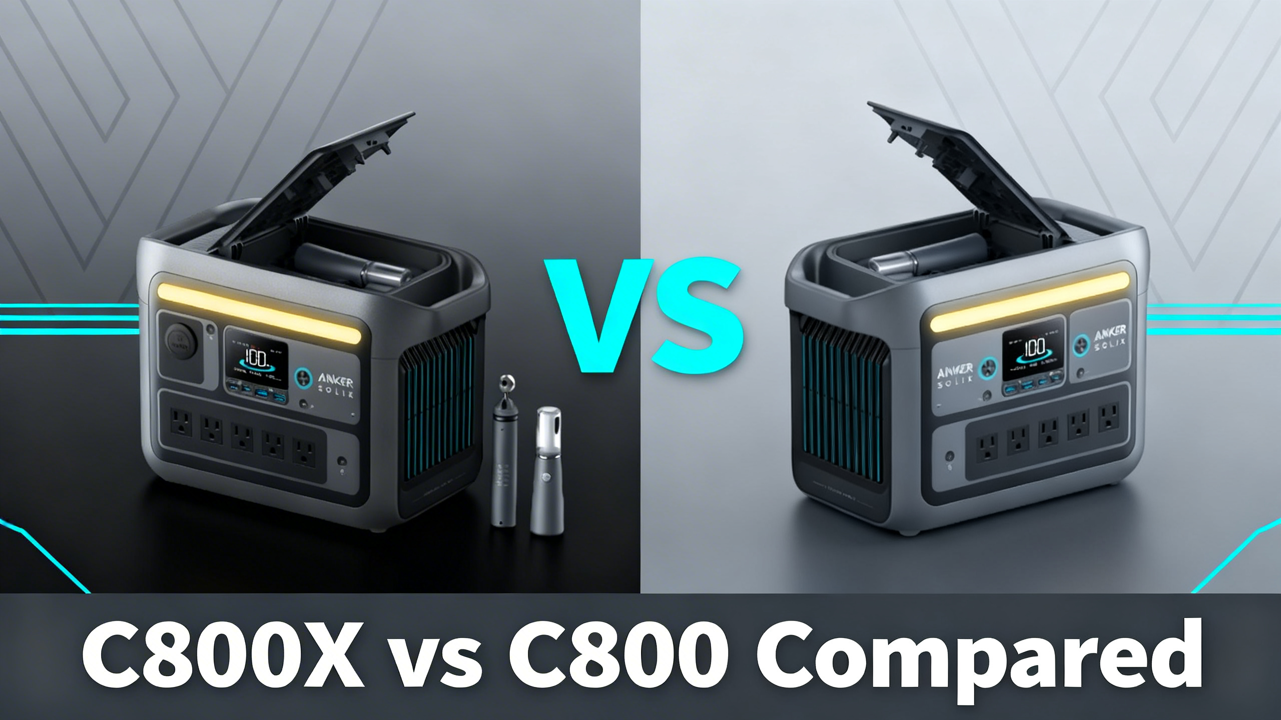 Split comparison image showing Anker SOLIX C800X and C800 portable power stations side by side
