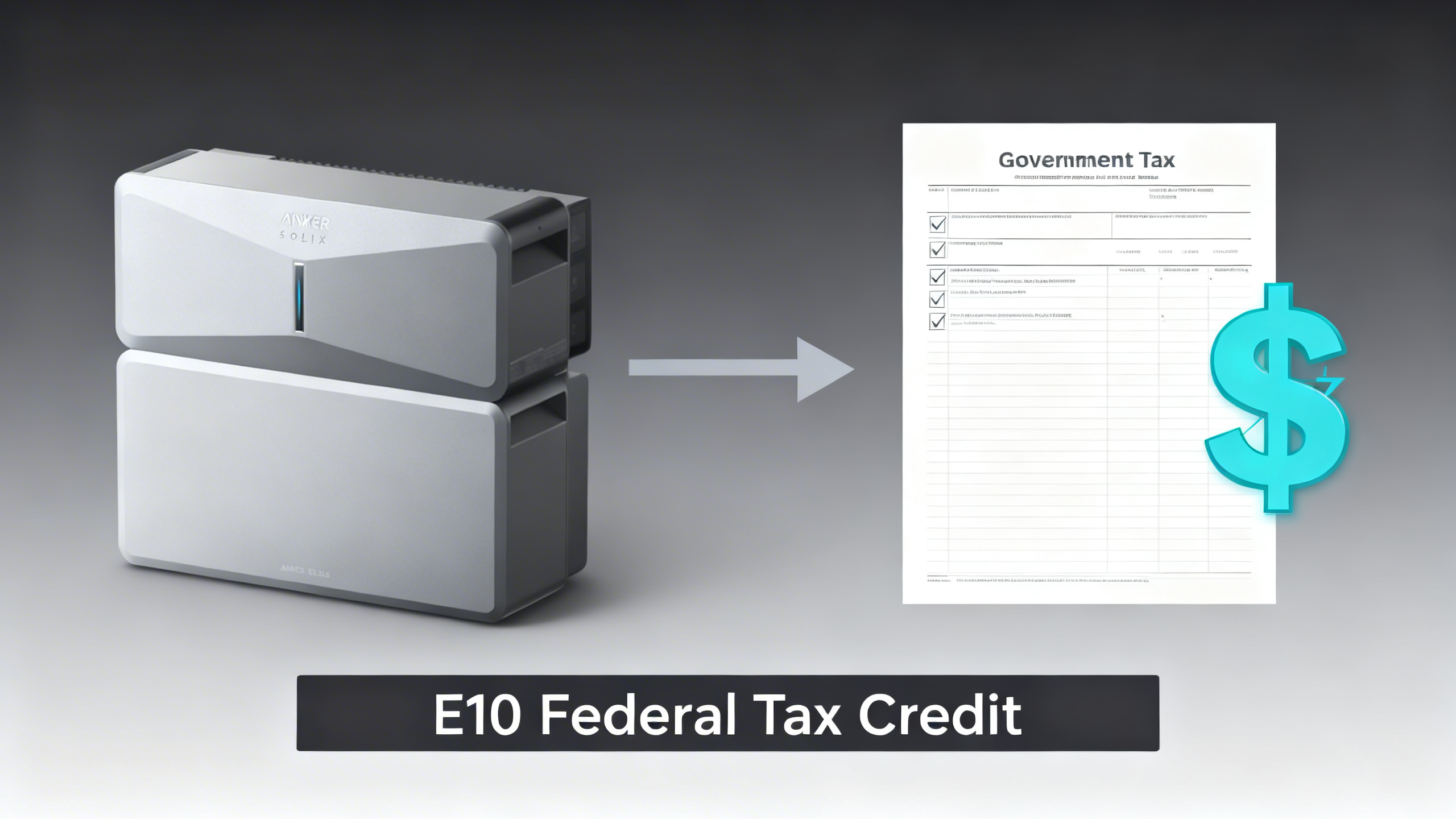 Educational diagram showing Anker SOLIX E10 with government tax form and eligibility arrows