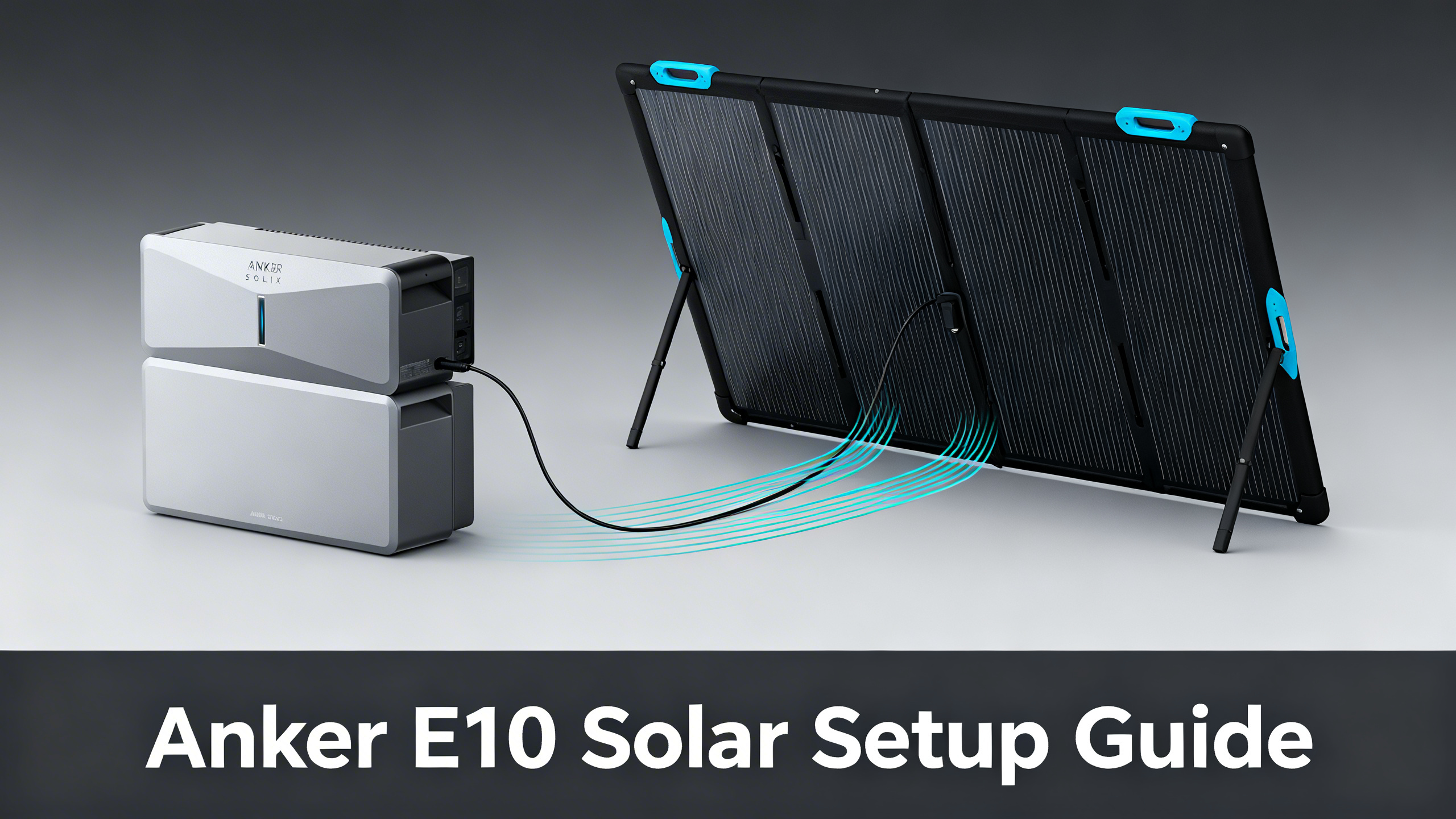 Anker SOLIX E10 connected to PS400 solar panel with cyan energy flow lines on charcoal background.