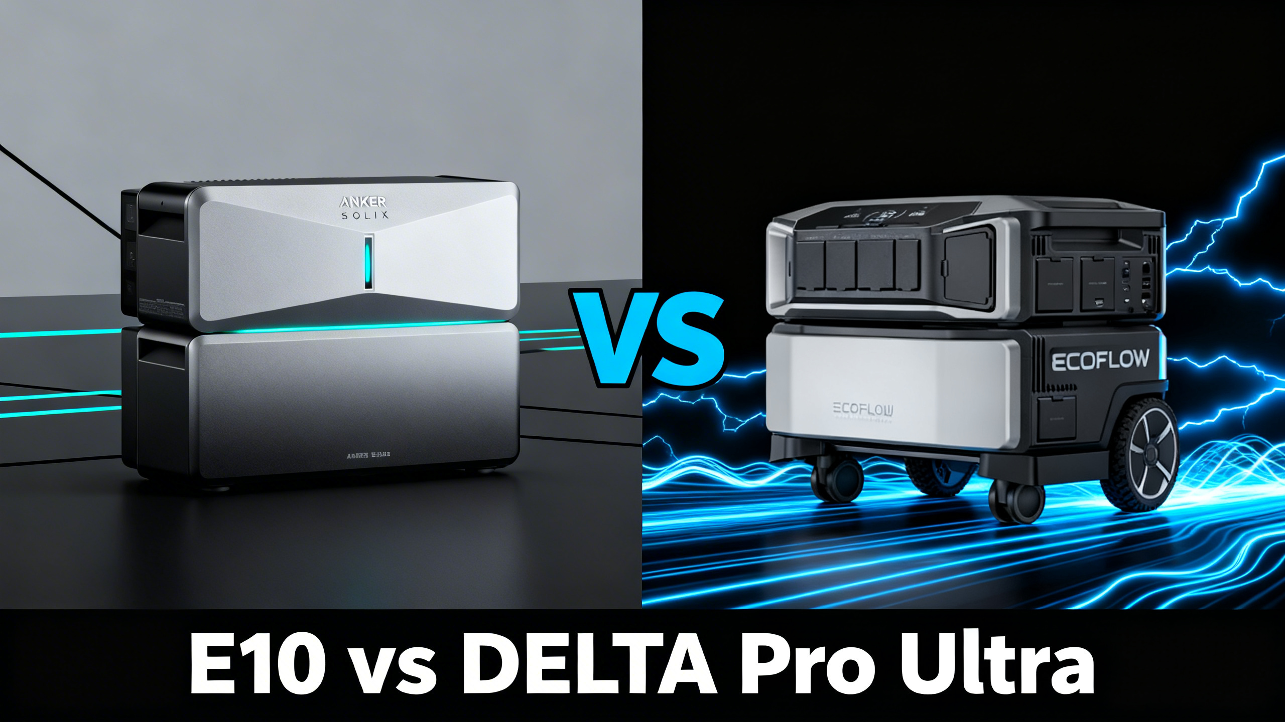 Split comparison image showing Anker SOLIX E10 and EcoFlow DELTA Pro Ultra whole-home backup systems