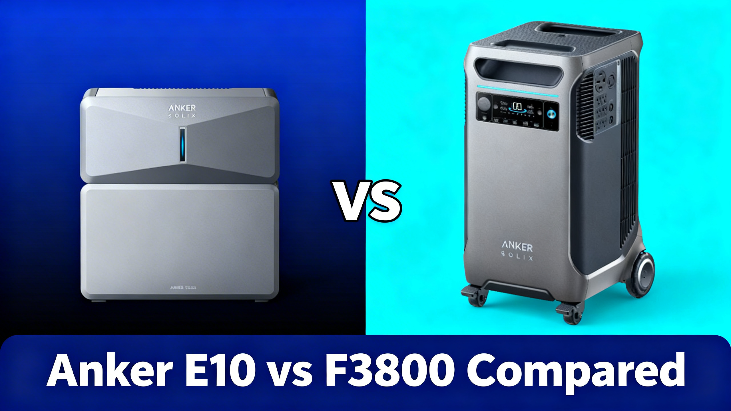 Split design comparing Anker E10 and F3800 with real product photos and VS divider.