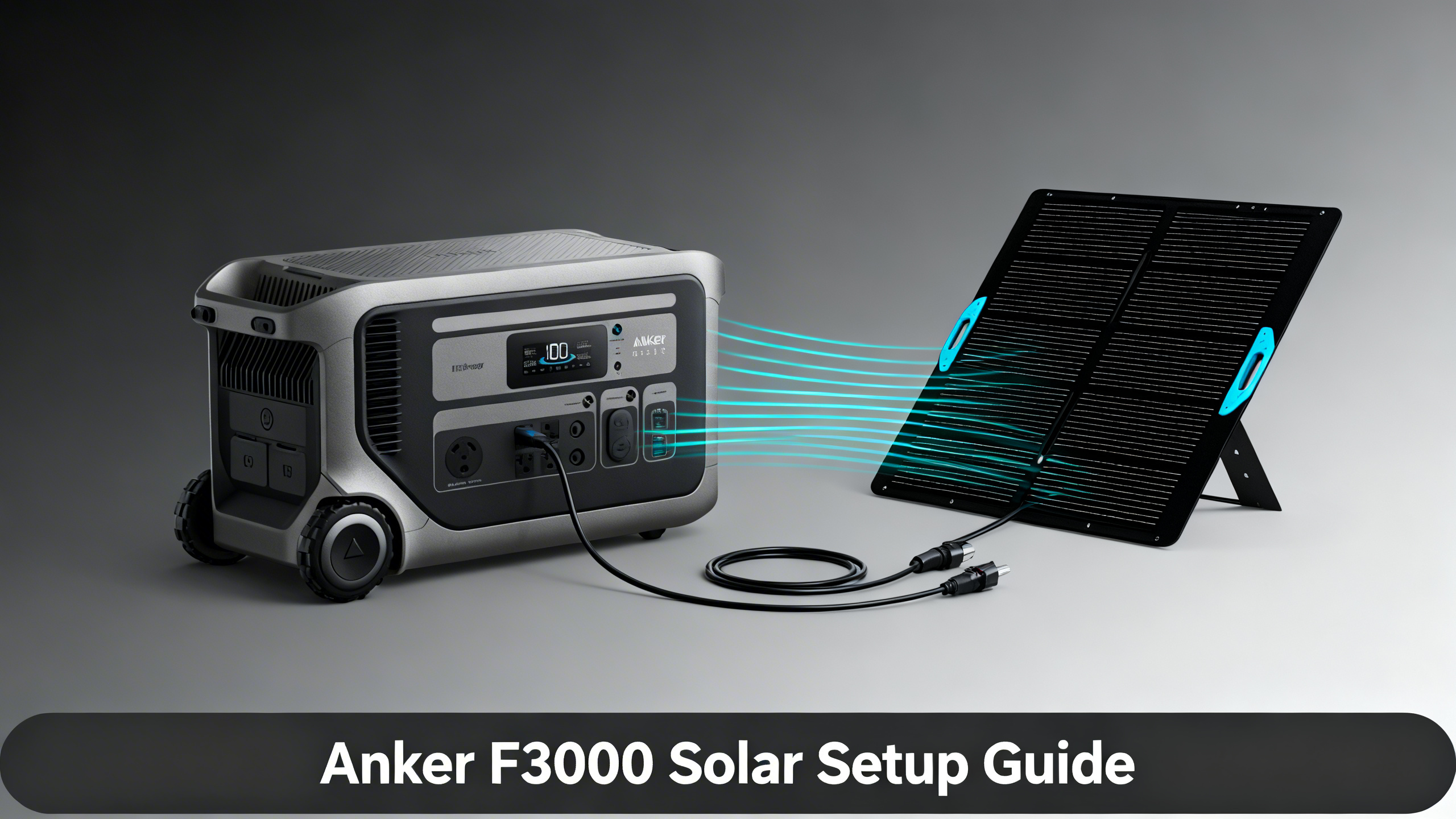 Anker SOLIX F3000 connected to PS400 solar panel with cyan energy flow lines on charcoal background.