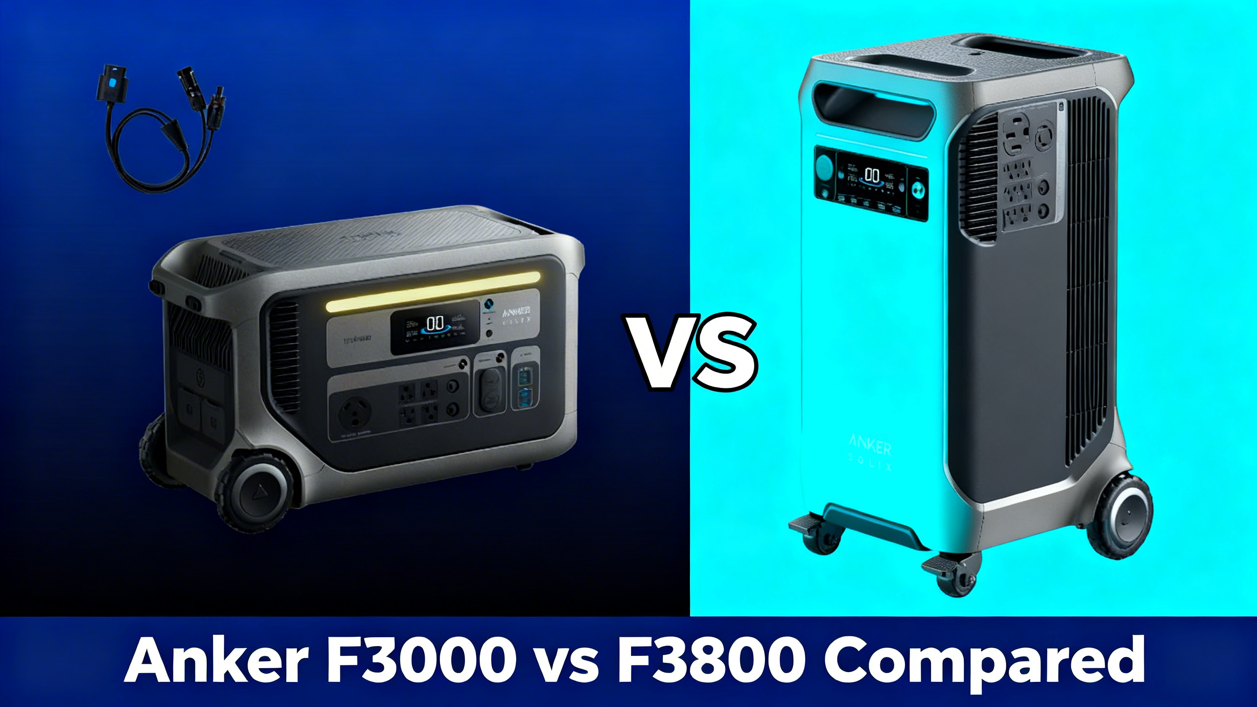 Split design comparing Anker F3000 and F3800 with real product photos and VS divider.