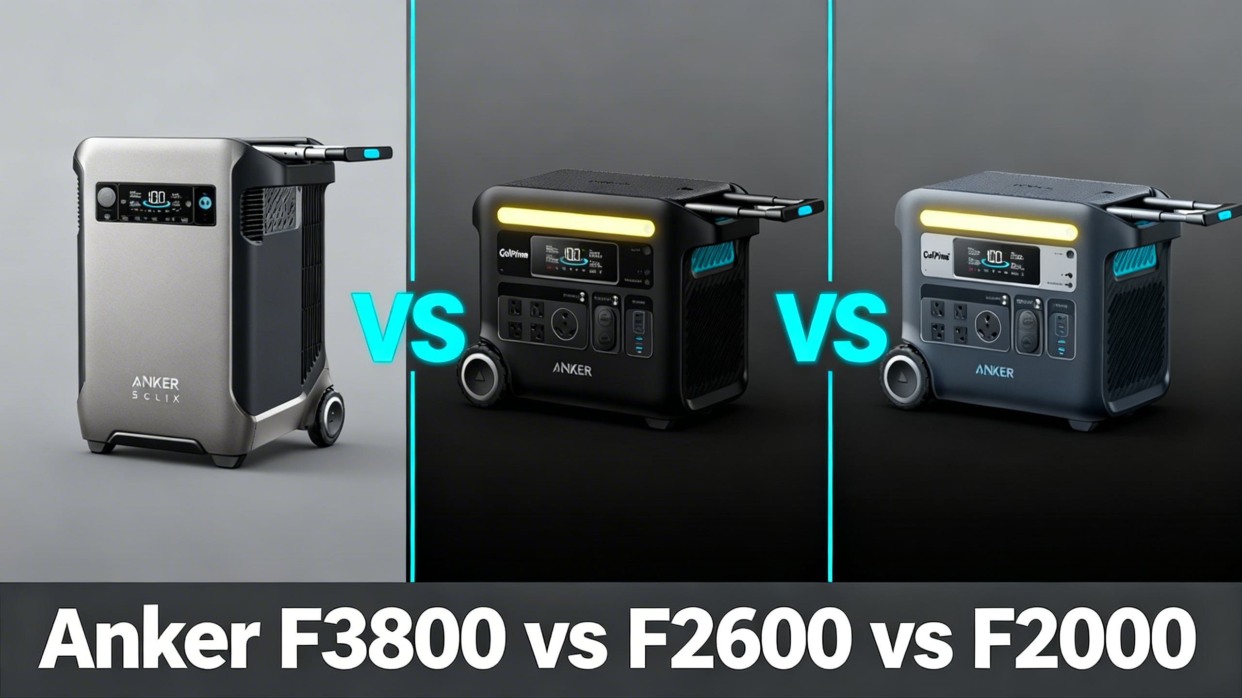 Modern minimalist illustration comparing three Anker SOLIX flagship power stations F3800 F2600 F2000 on charcoal gray background