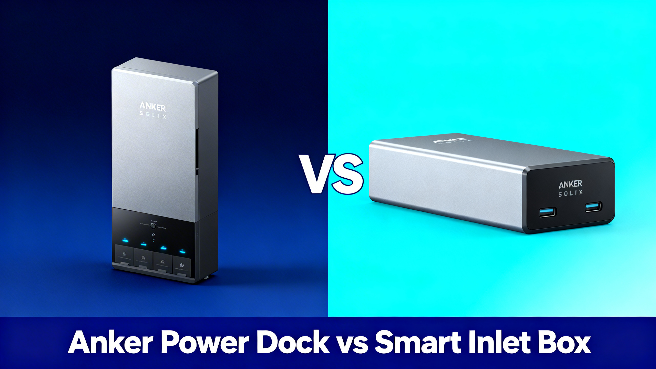 Split design comparing Anker Power Dock and Smart Inlet Box with real product photos and VS divider.