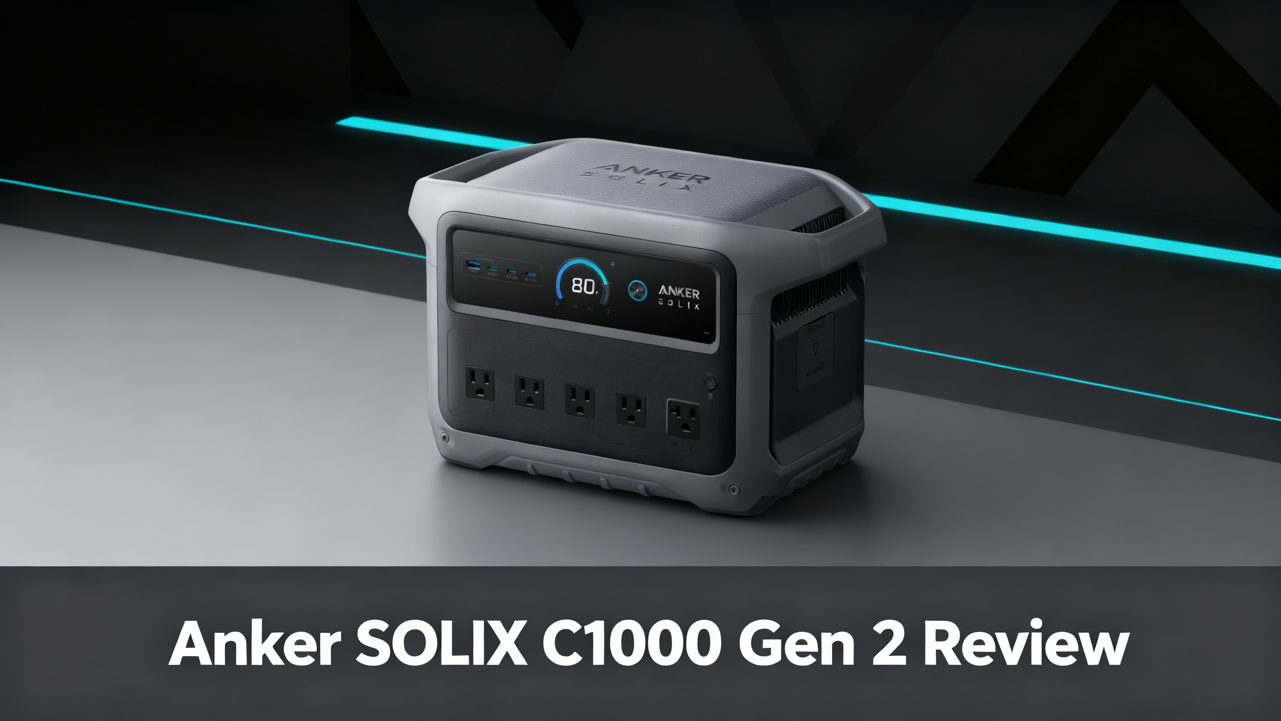 Sleek minimalist editorial hero with charcoal gradient background, cyan accent geometric lines, and white text reading Anker SOLIX C1000 Gen 2 Review on bottom bar.