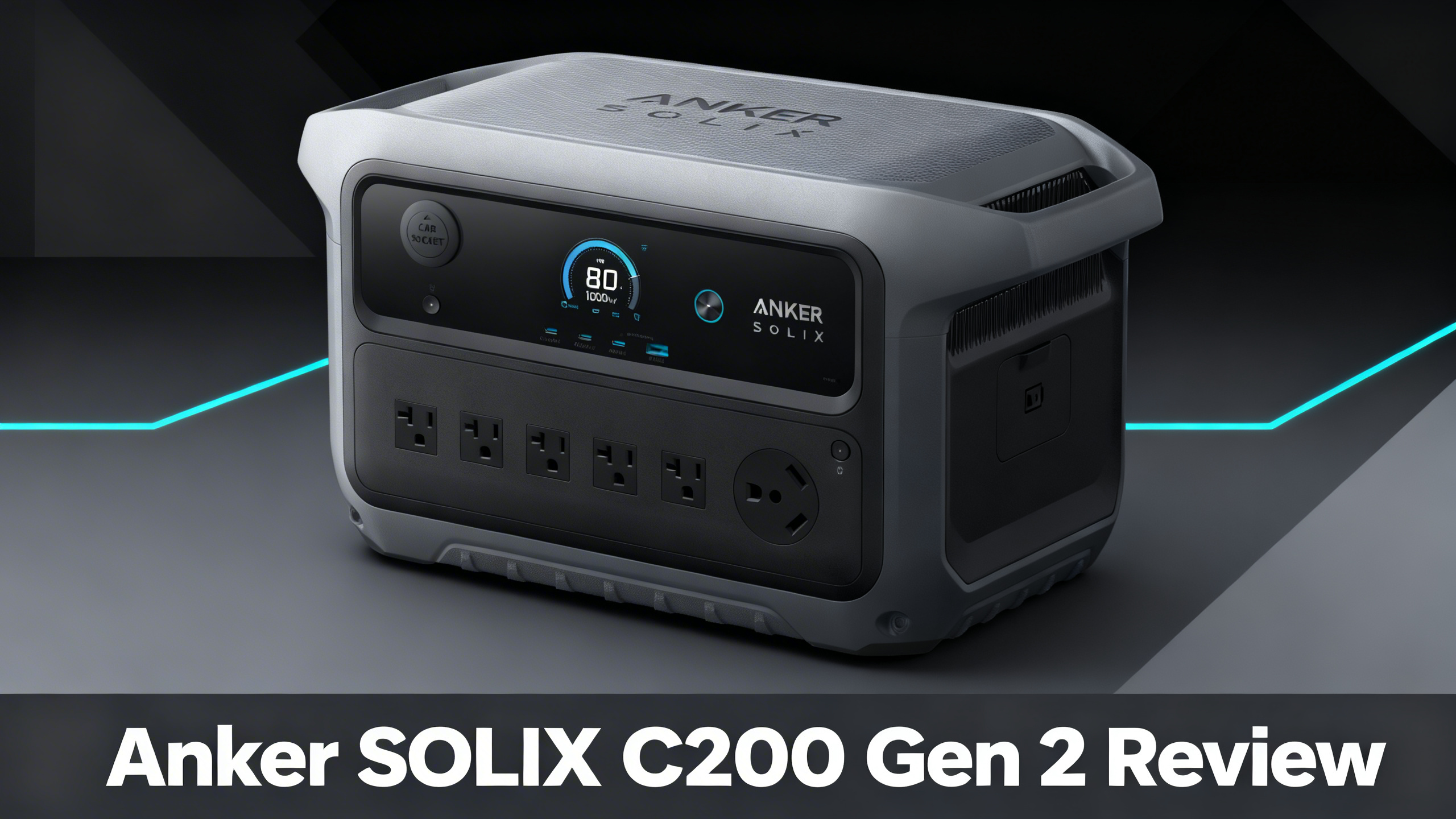 Modern minimalist editorial hero with charcoal to matte black gradient, clean cyan geometric accents, and white text reading Anker SOLIX C2000 Gen 2 Review.