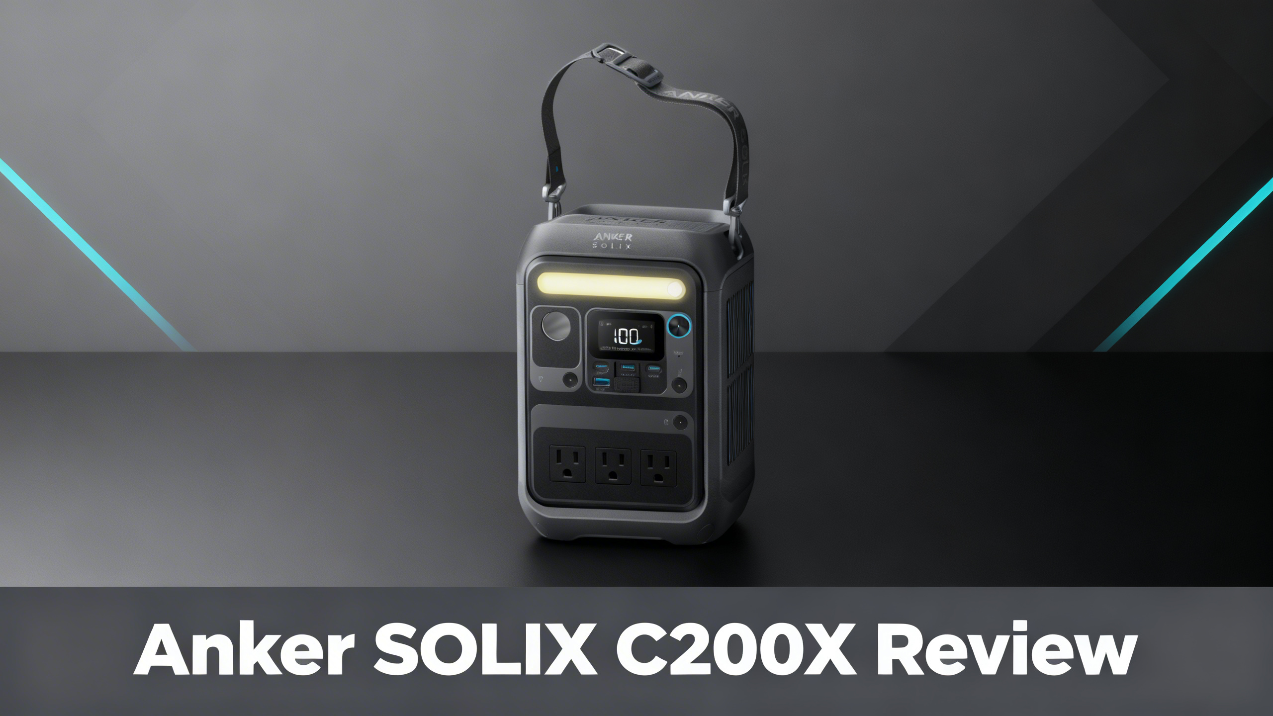 Modern minimalist editorial hero with charcoal to black gradient, electric cyan geometric patterns, and white text reading Anker SOLIX C200X Review on bottom bar.
