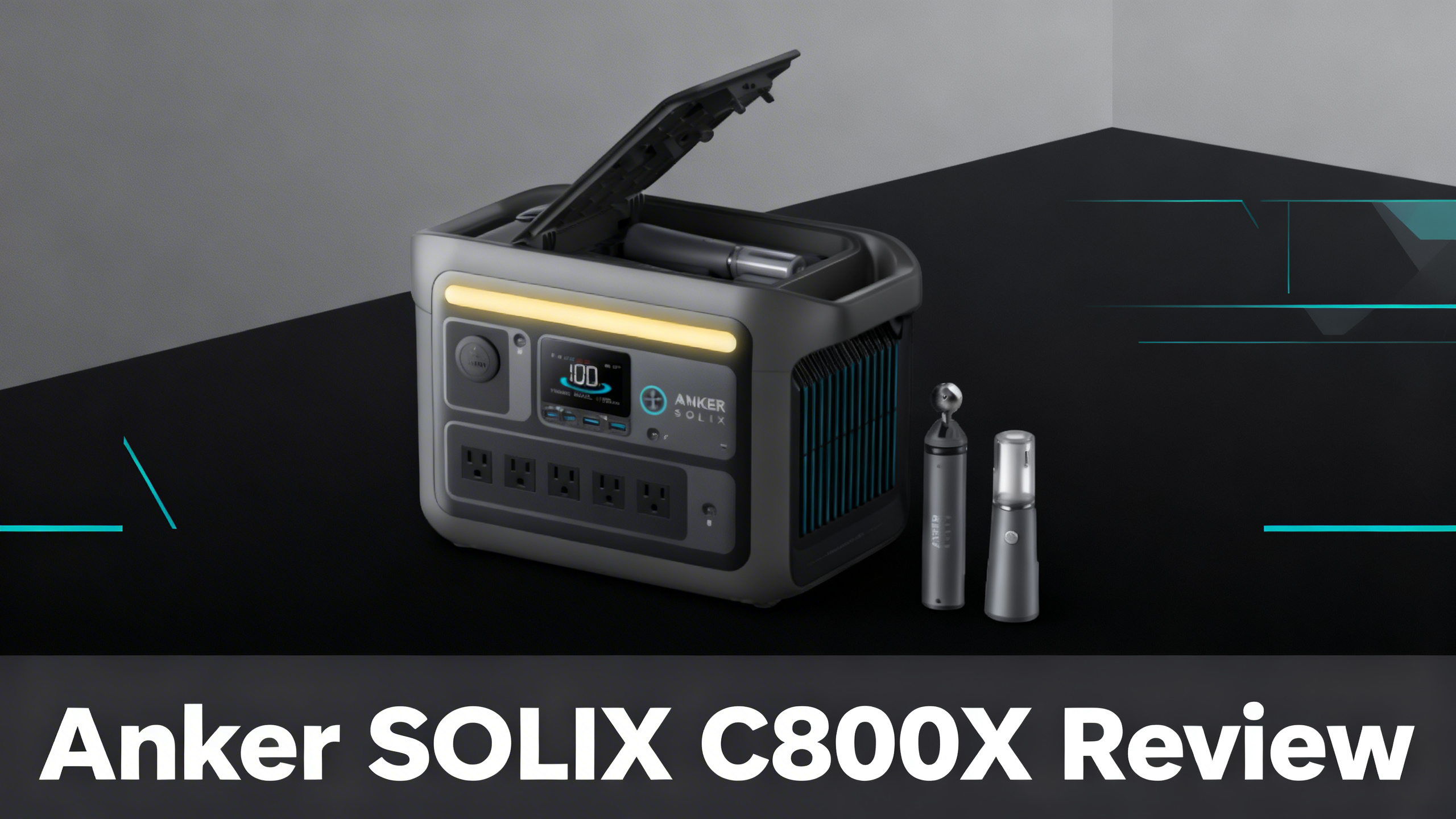 Sleek minimalist editorial hero image with charcoal gray gradient, geometric cyan accents, and white text reading Anker SOLIX C800X Review on bottom bar.