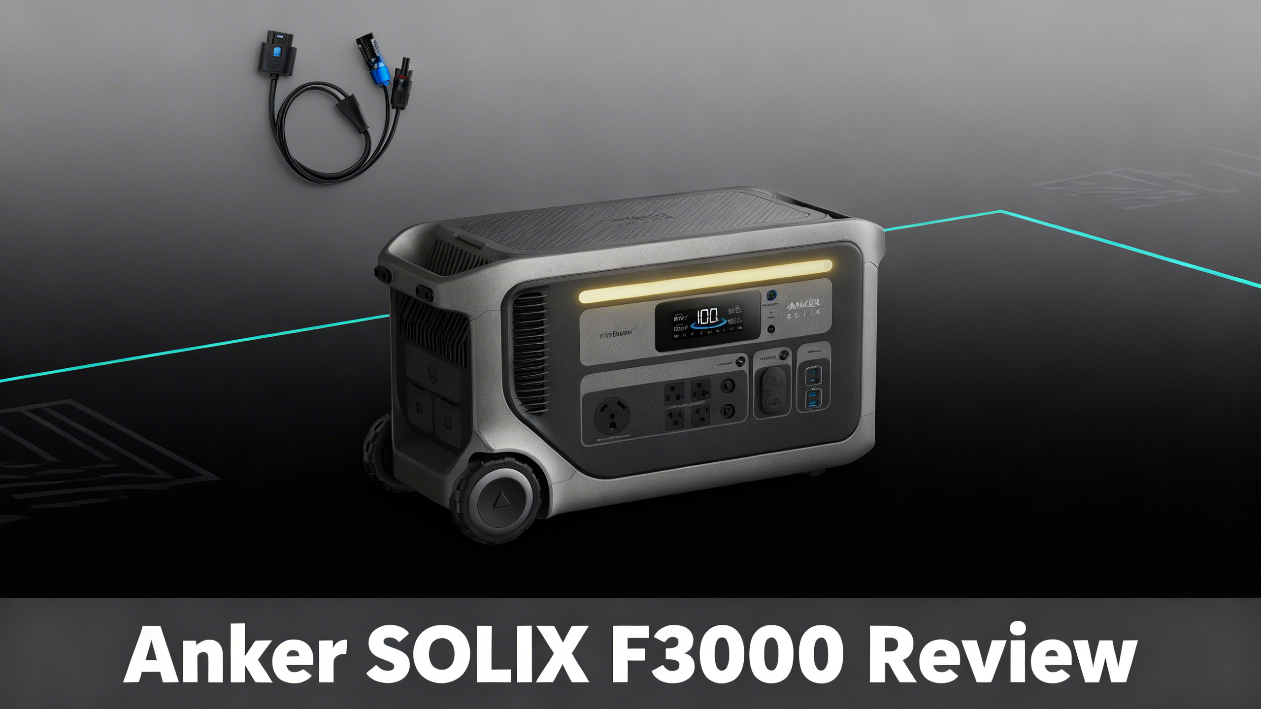 Sleek minimalist editorial hero with charcoal gray to black gradient, electric cyan accent lines, and white text reading Anker SOLIX F3000 Review on bottom bar.