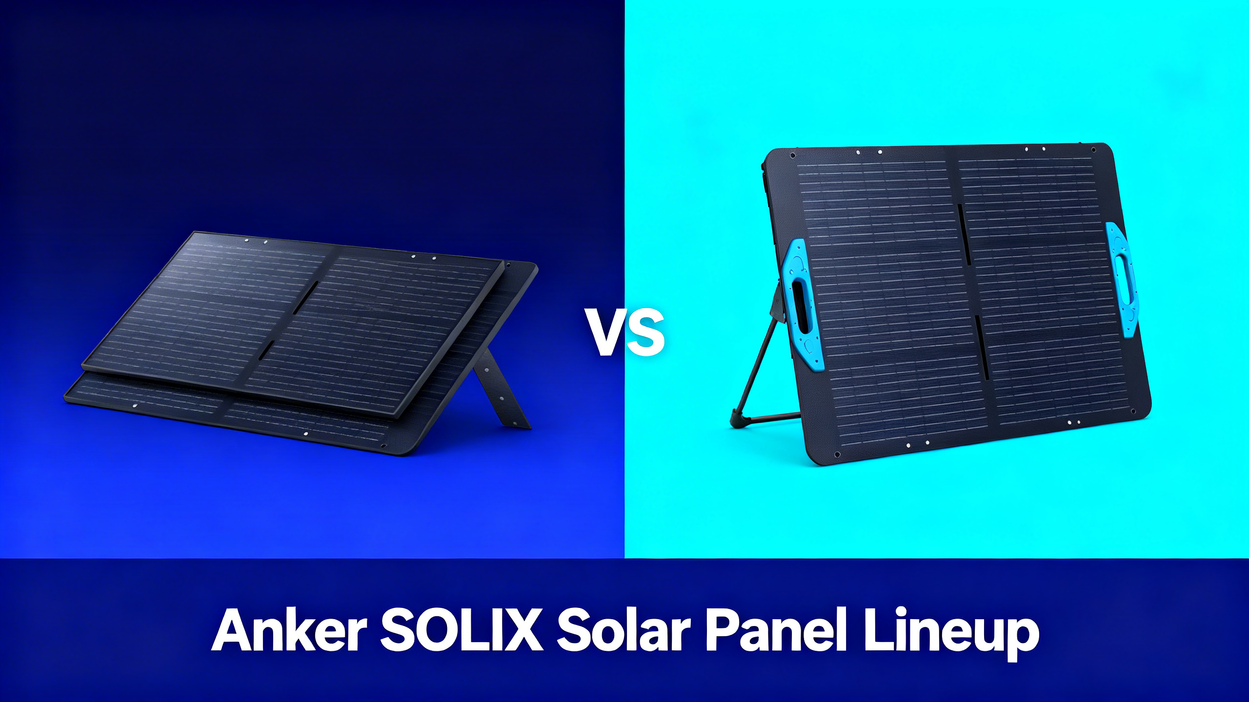Split design showing Anker SOLIX solar panel lineup with real product photos and VS divider.