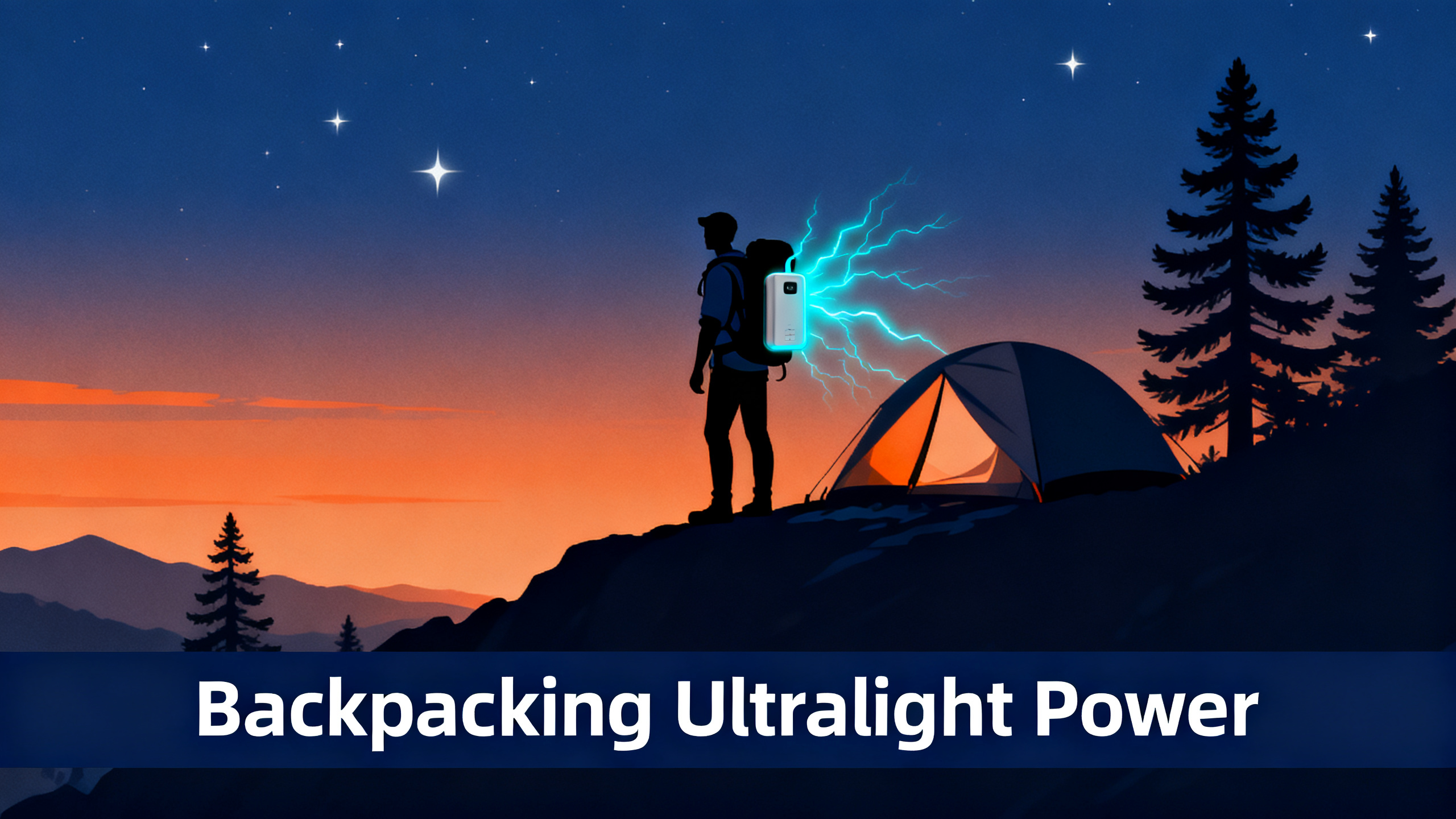 Illustrated backpacking scene at dusk with hiker silhouette and small tent on mountain ridge, orange-to-navy gradient sky, ultralight power bank glowing cyan, with white text 'Backpacking Ultralight Power' on navy bar.