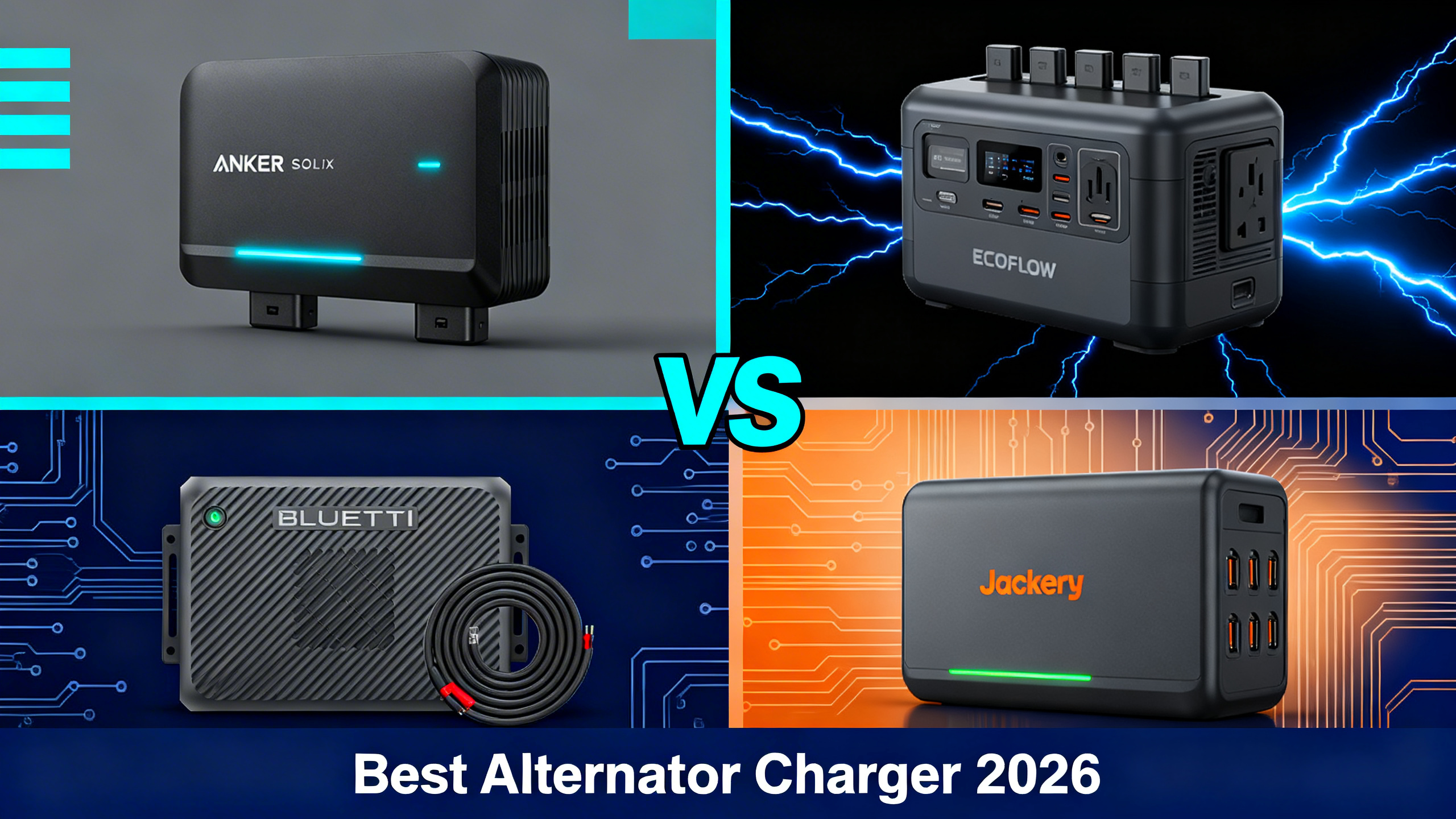 Four-quadrant comparison showing Anker, EcoFlow, Bluetti, and Jackery alternator chargers