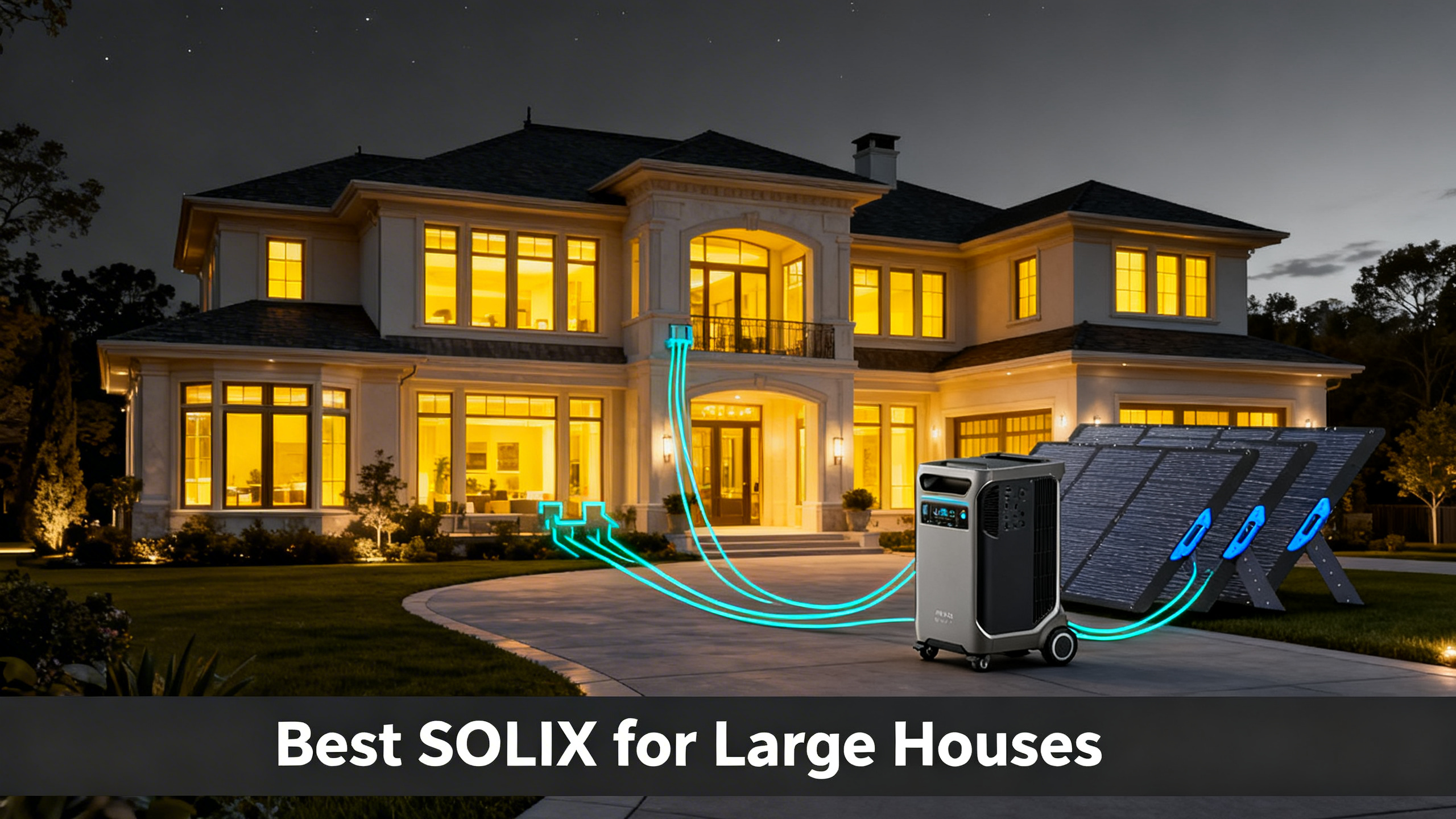 Anker SOLIX F3800 power station next to a large luxury mansion at night with cyan energy flow
