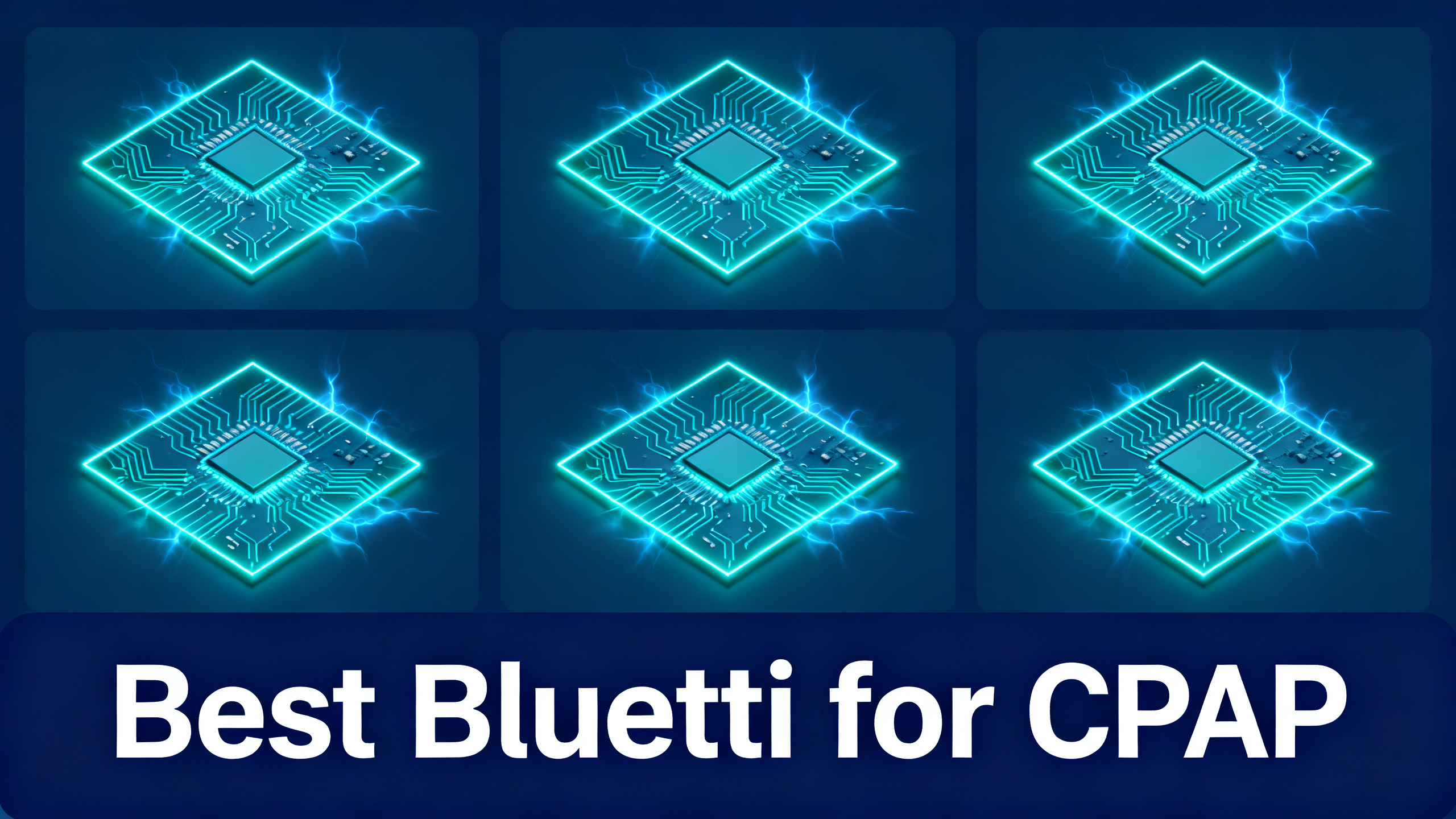 Best BLUETTI power stations for CPAP machines hero image with navy blue grid pattern and electric cyan geometric shapes