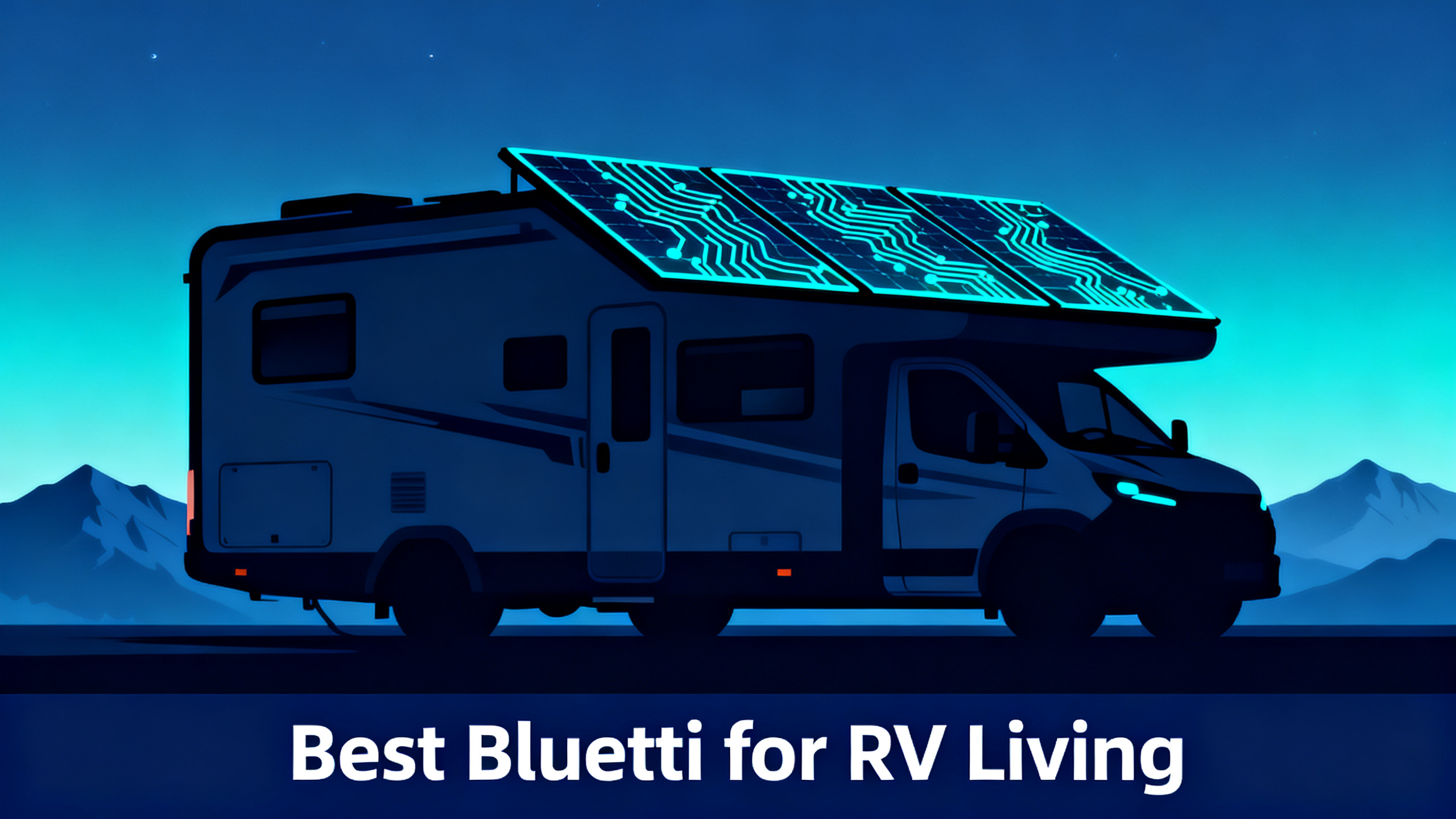 Best BLUETTI power stations for RV living hero image with modern RV silhouette against deep blue cyan gradient sky