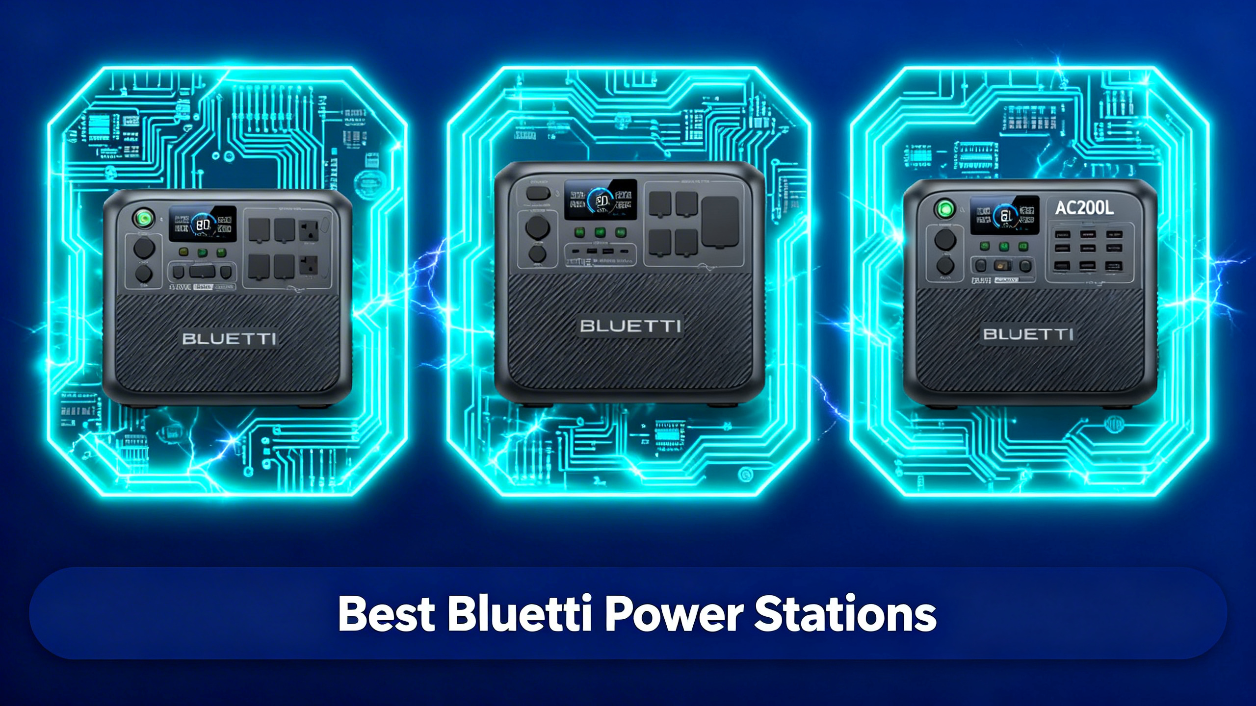 Premium grid illustration showcasing top Bluetti power stations on deep navy blue background with electric cyan circuit pattern accents