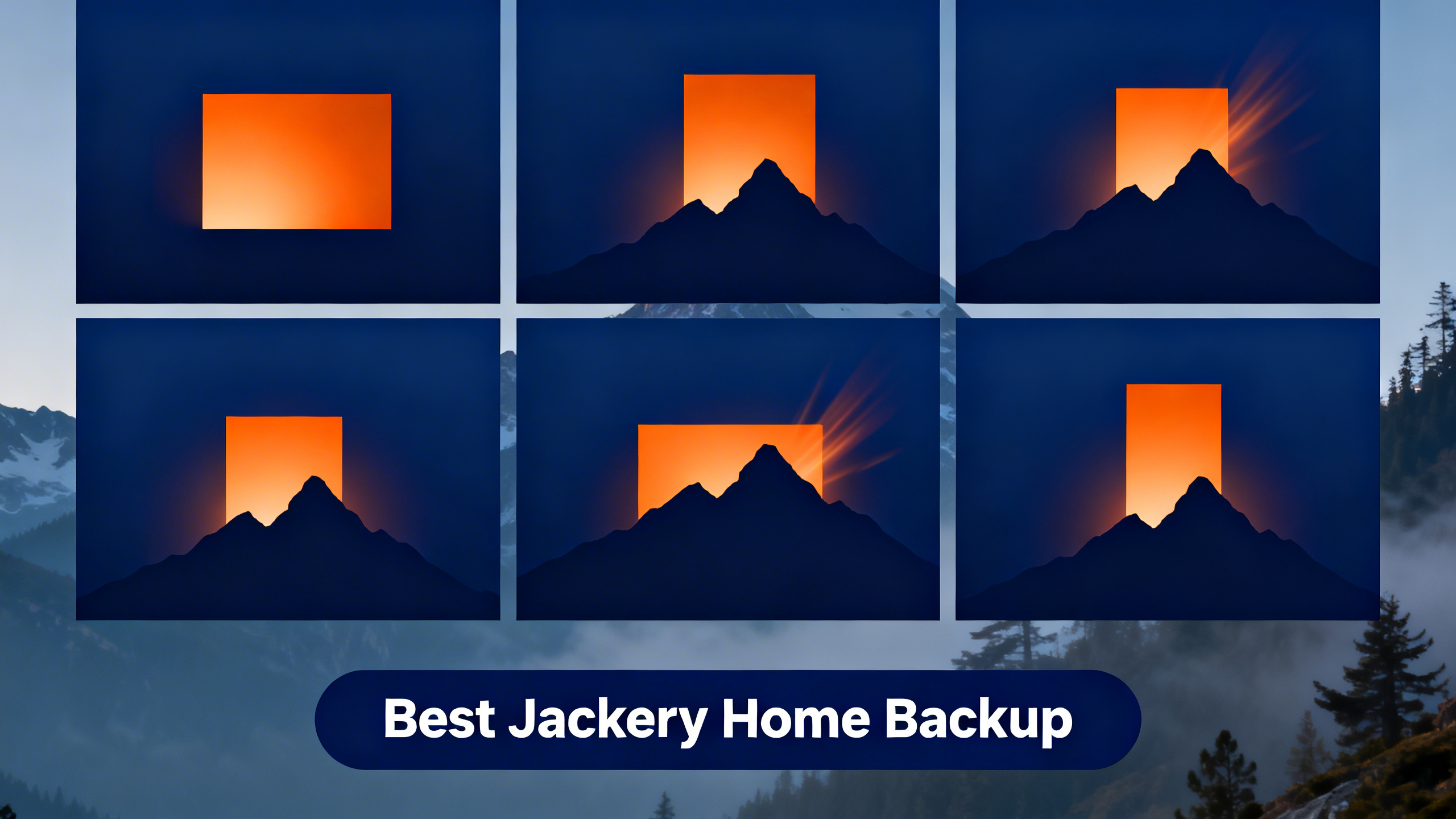 Editorial grid with navy blue background, warm orange accents, and white text reading Best Jackery Home Backup.