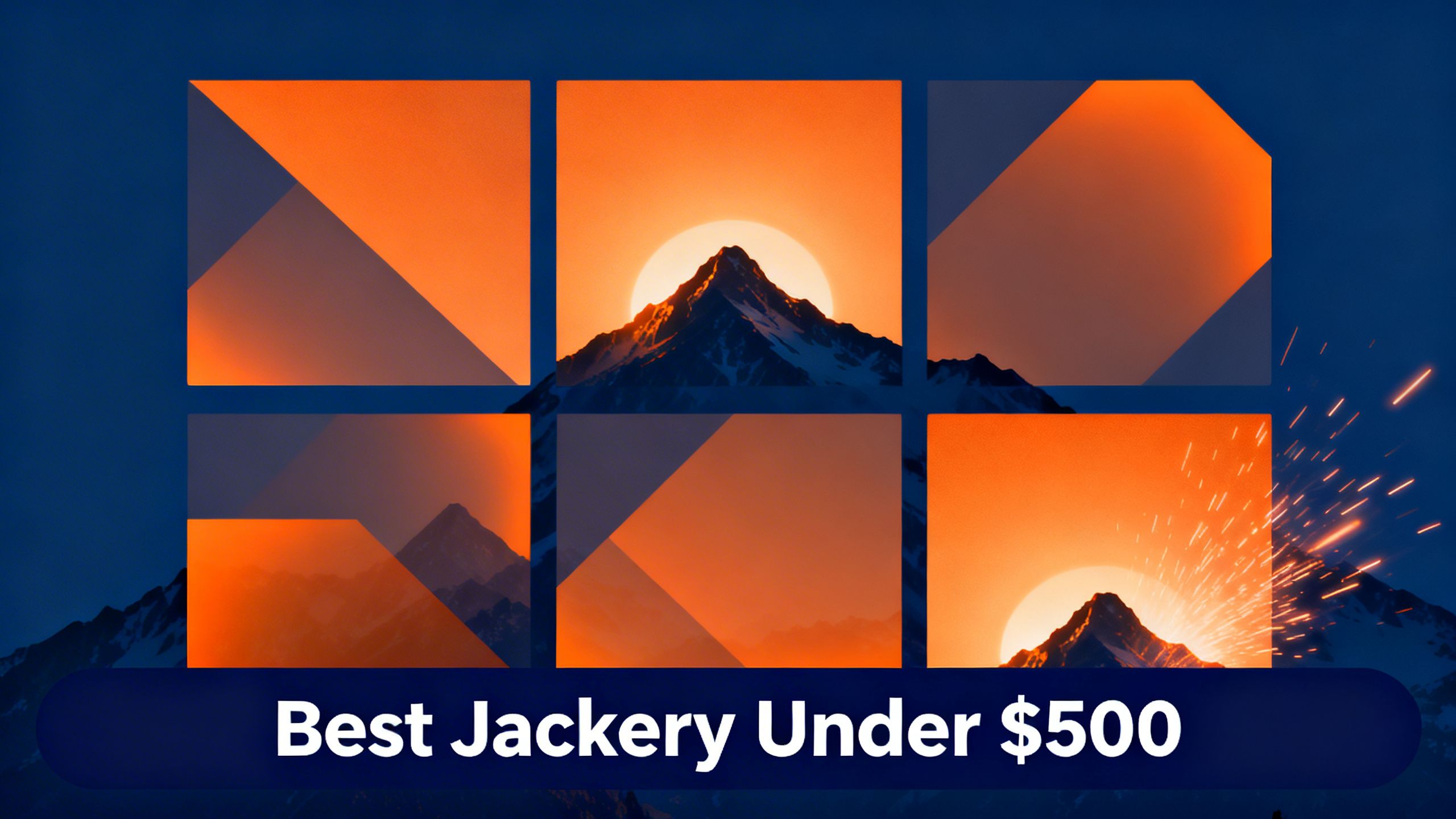Editorial grid with navy blue background, warm orange accents, and white text reading Best Jackery Under $500.