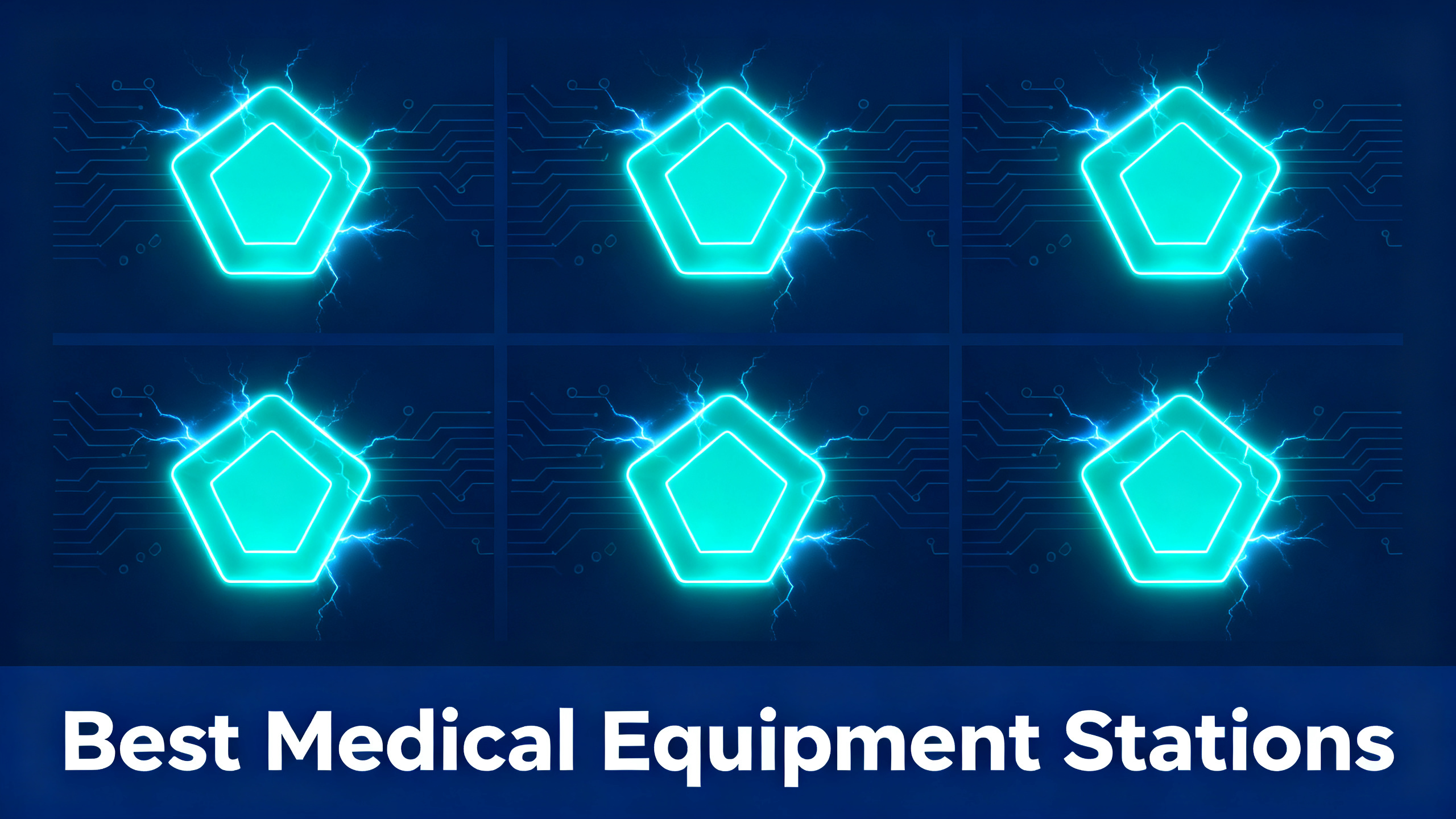Editorial 3x3 grid pattern with glowing electric cyan geometric shapes on navy blue background, subtle circuit patterns, and white bold text 'Best Medical Equipment Stations' on navy bar at bottom.