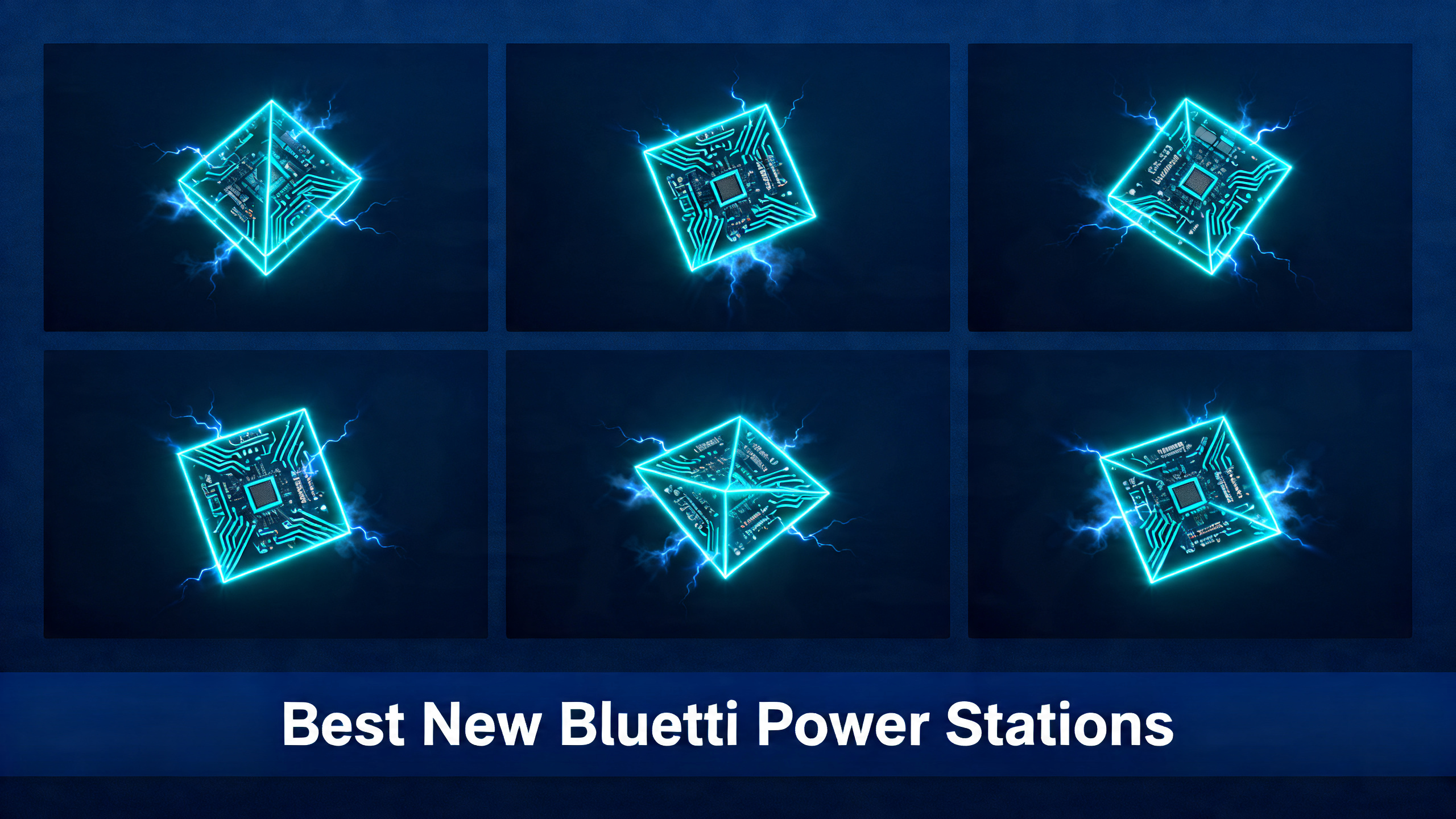 Best new Bluetti power stations roundup hero image with 3x3 grid of cyan geometric shapes
