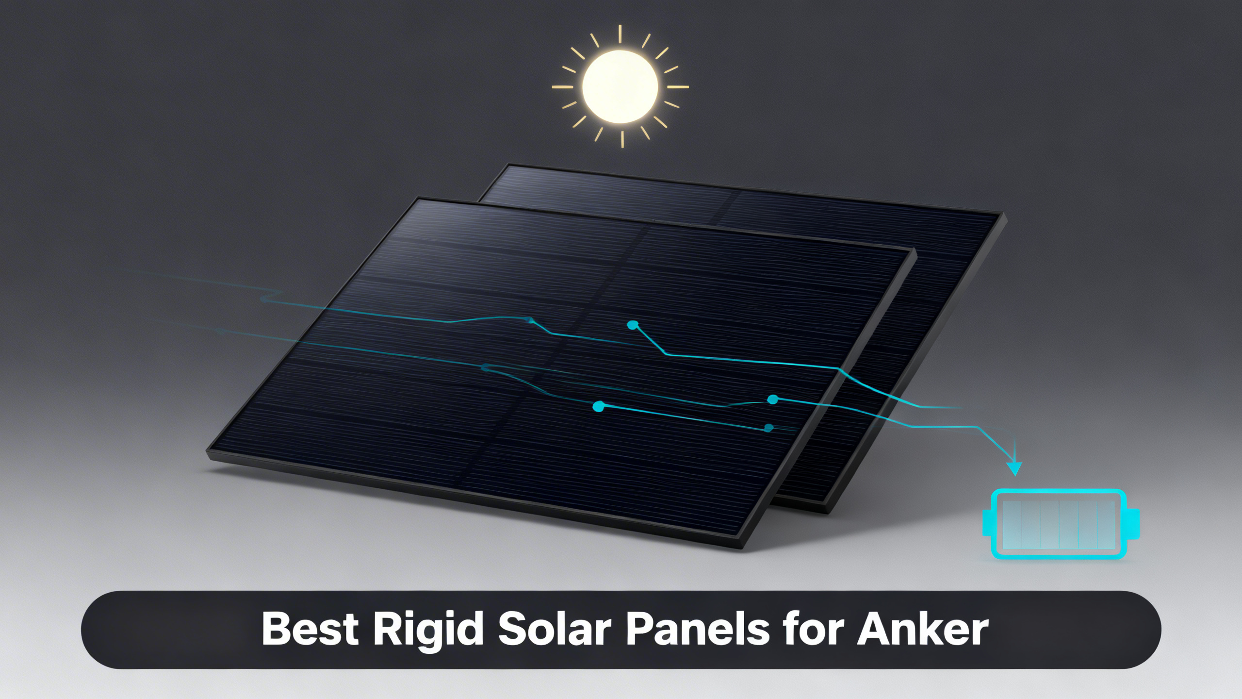 Anker SOLIX 440W rigid solar panels array with cyan energy flow lines on charcoal background.