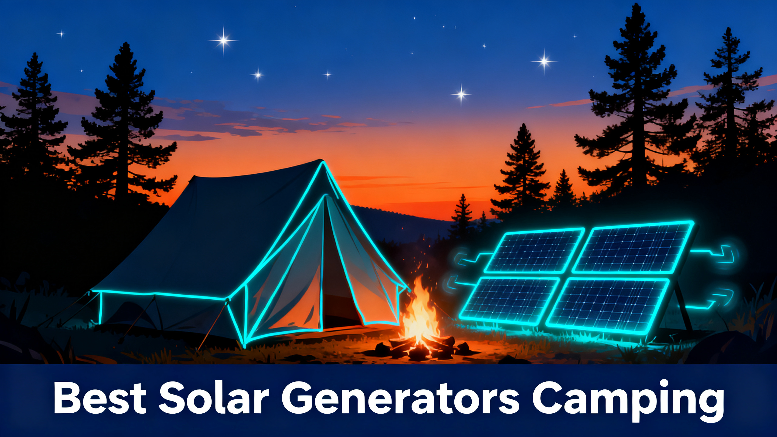Illustrated dusk camping scene with tent silhouette under orange-to-navy sky, solar panels glowing cyan, campfire, pine trees, with white text 'Best Solar Generators Camping' on navy bar.