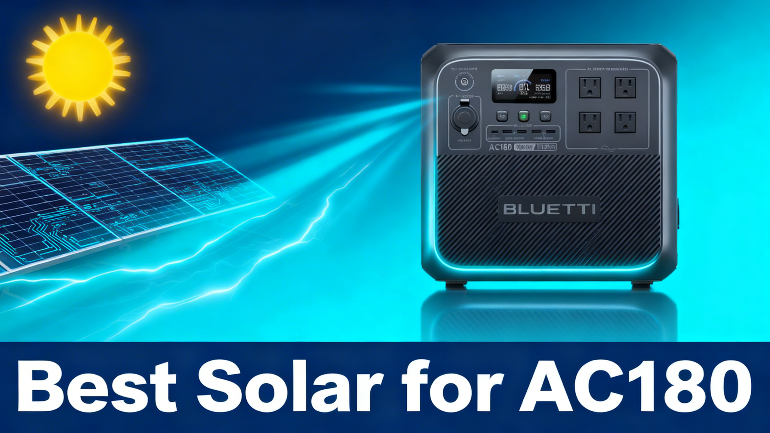 Bluetti AC180 power station photorealistic featured image with solar panels and sun on navy blue to cyan gradient background