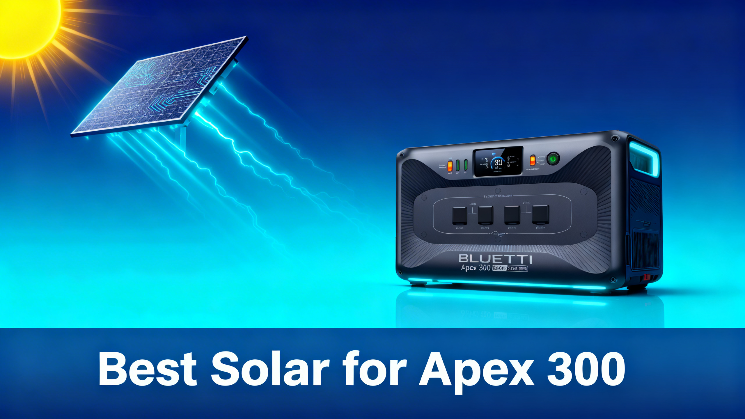 Bluetti Apex 300 power station photorealistic featured image with solar panels and sun on navy blue to cyan gradient background