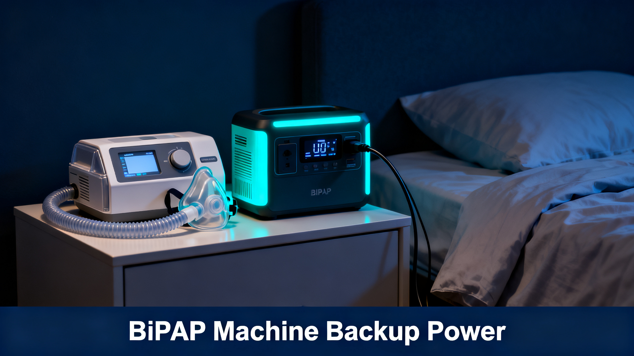 Realistic product photograph of a BiPAP machine with hose and full-face mask on a clean nightstand next to a portable power station, empty made-up bed in background, navy blue ambiance, electric cyan accents, no people visible, white bold text 'BiPAP Machine Backup Power' on navy bar at bottom.