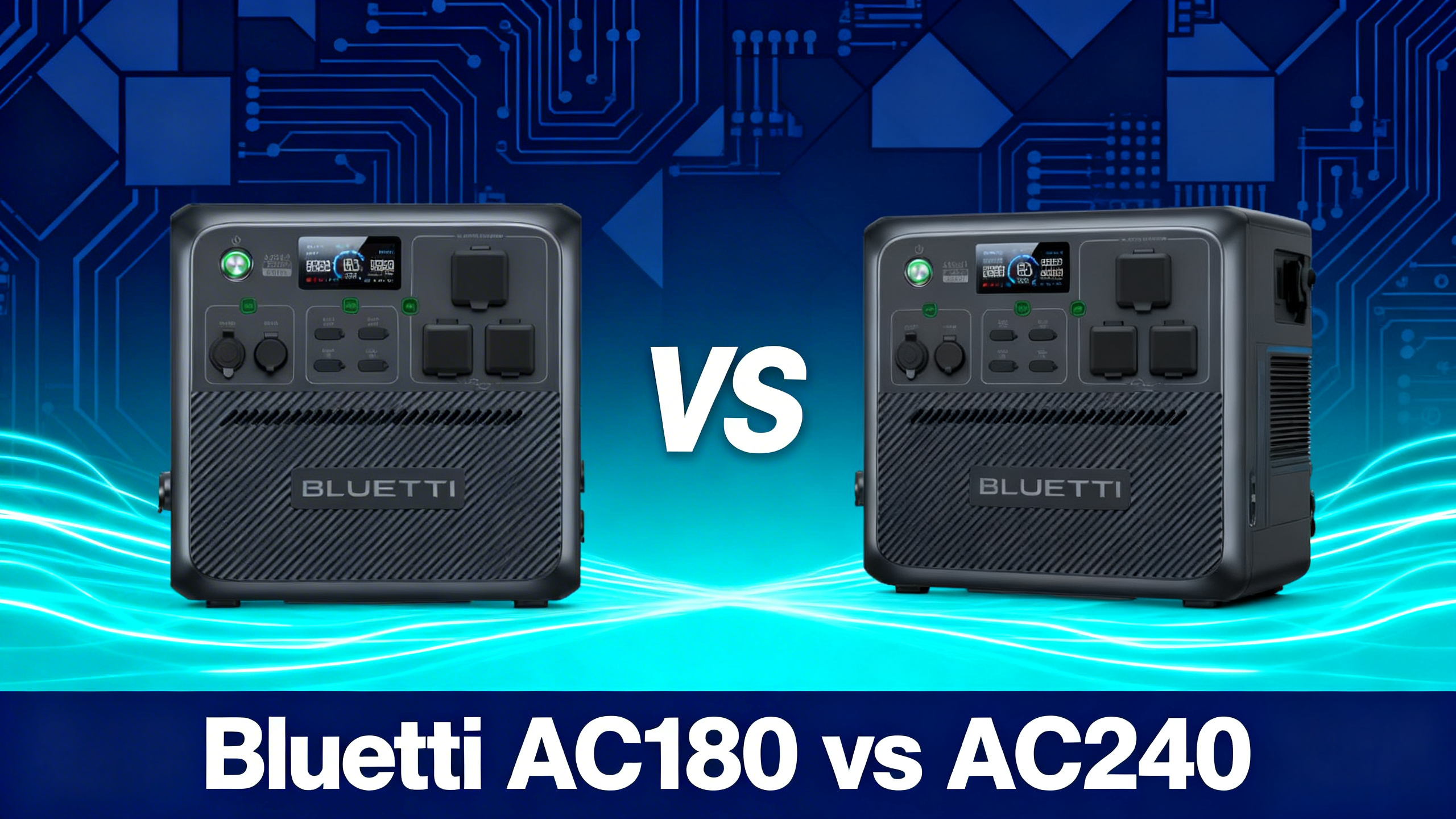 VS comparison hero showing Bluetti AC180 and AC240 power stations side by side on navy blue cyan gradient