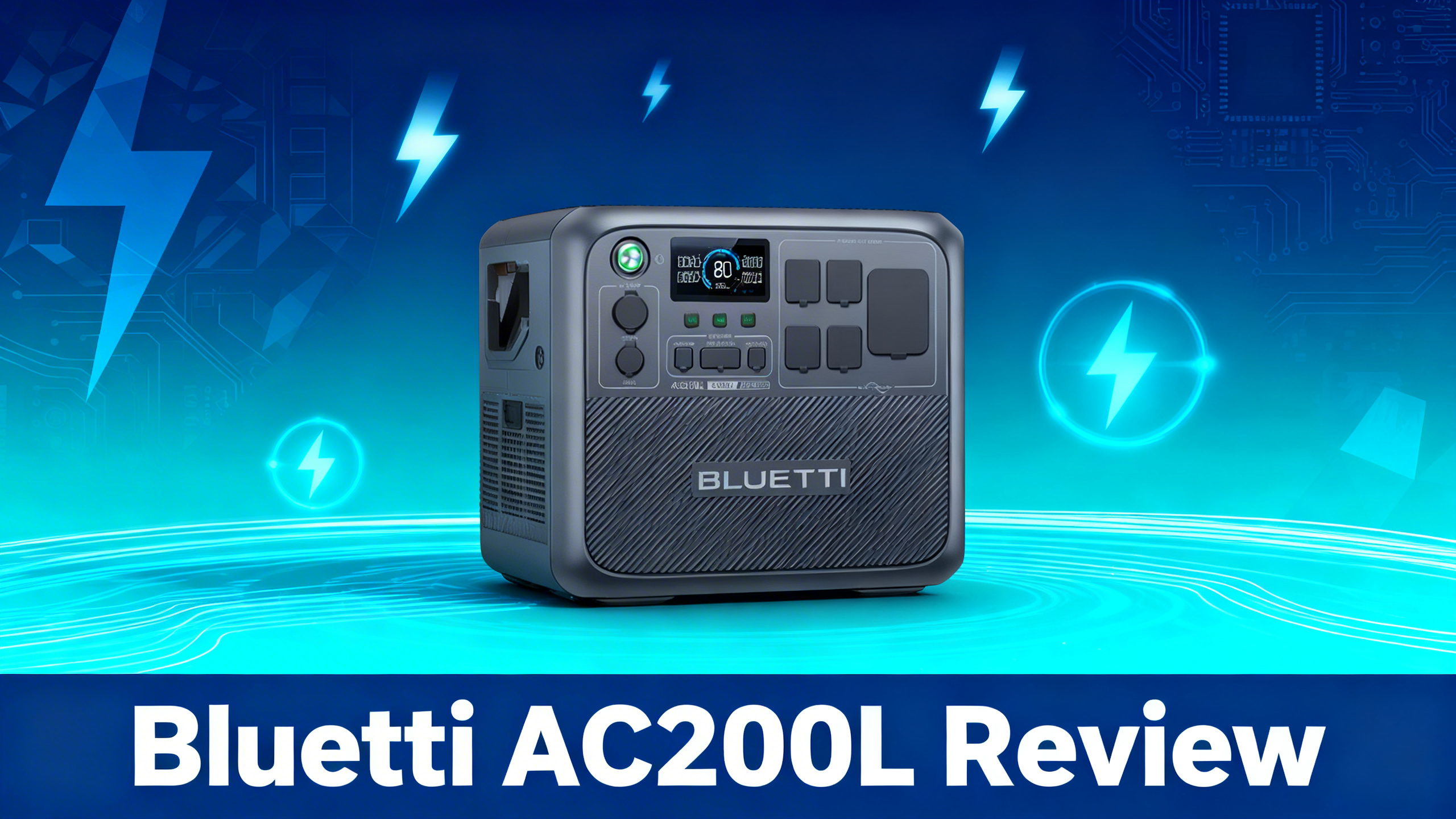Premium tech editorial illustration of Bluetti AC200L expandable power station on navy blue and electric cyan gradient background