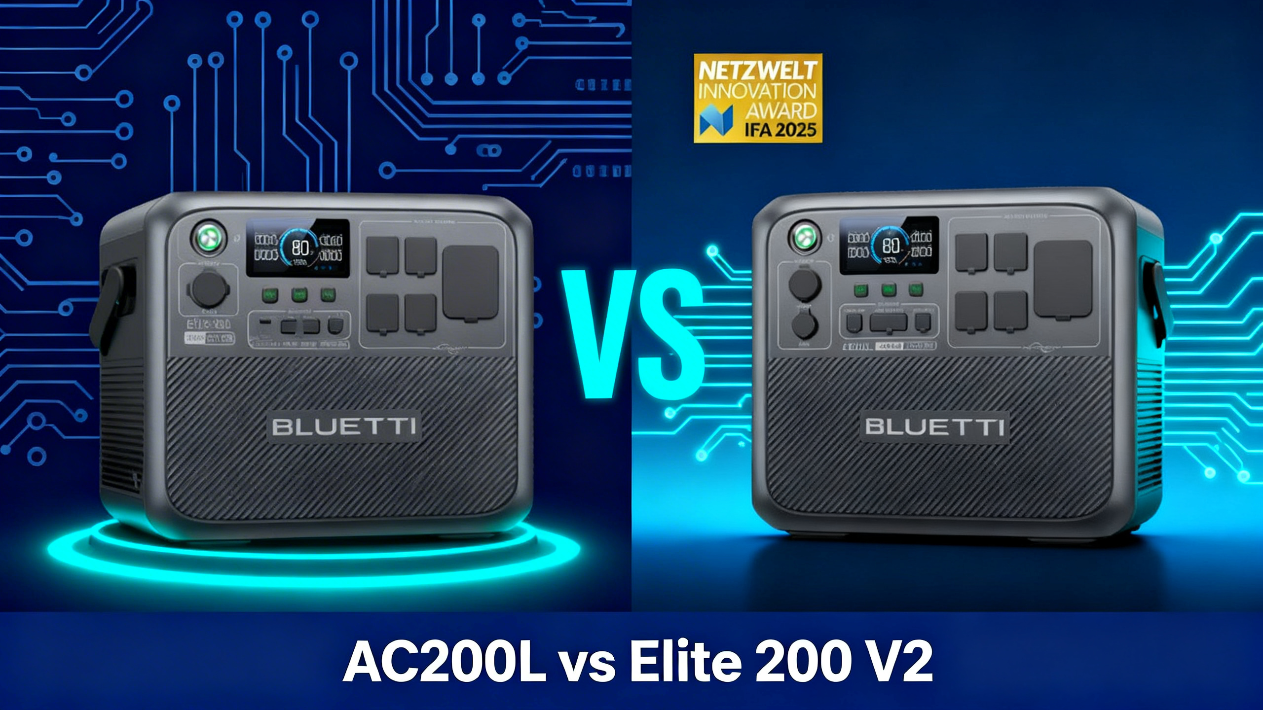 Split-design illustration comparing Bluetti AC200L and Elite 200 V2 mid-range power stations on navy blue and cyan tech background