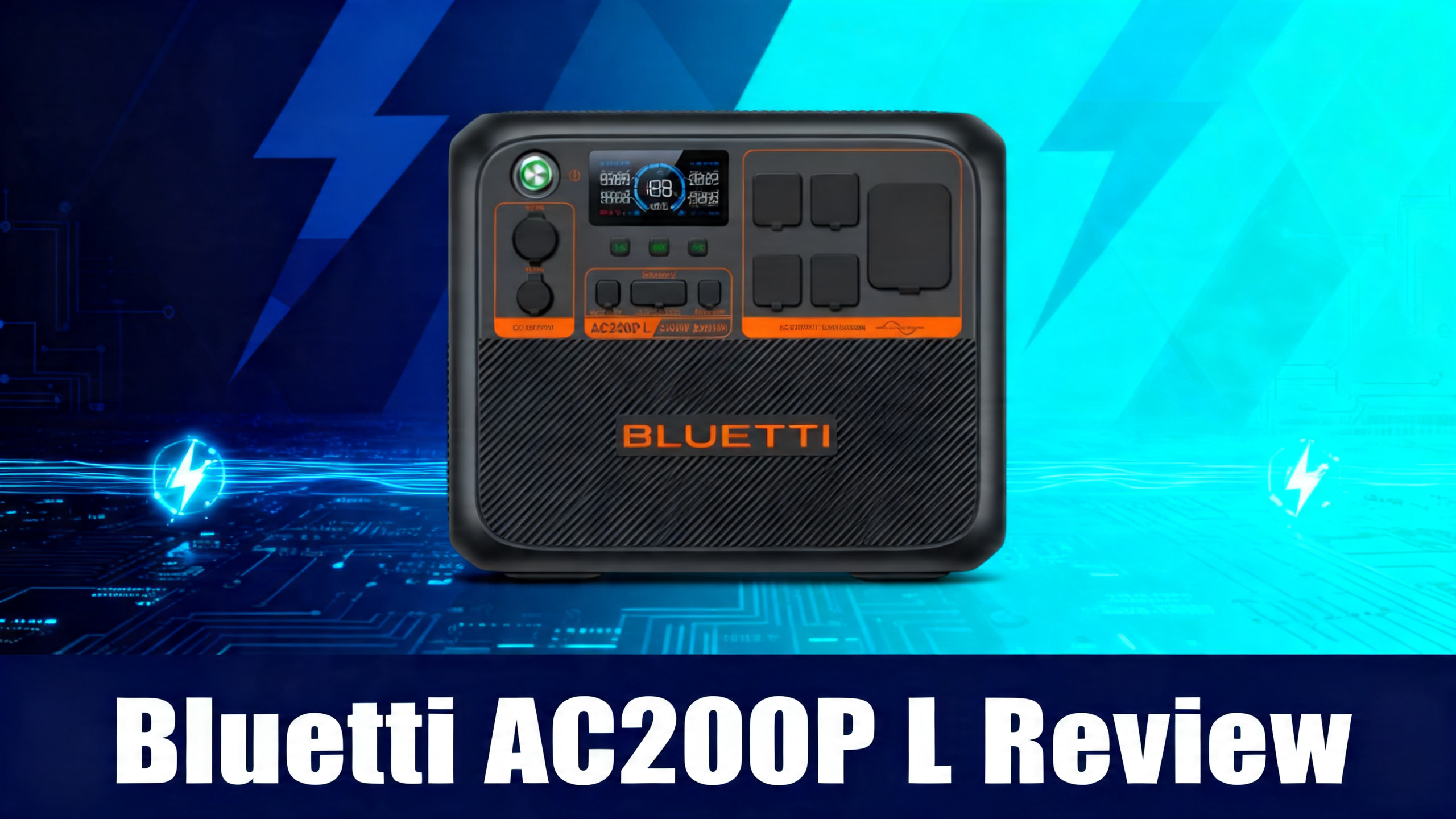 Bluetti AC200P L 2304Wh power station review hero image with circuit patterns on navy blue