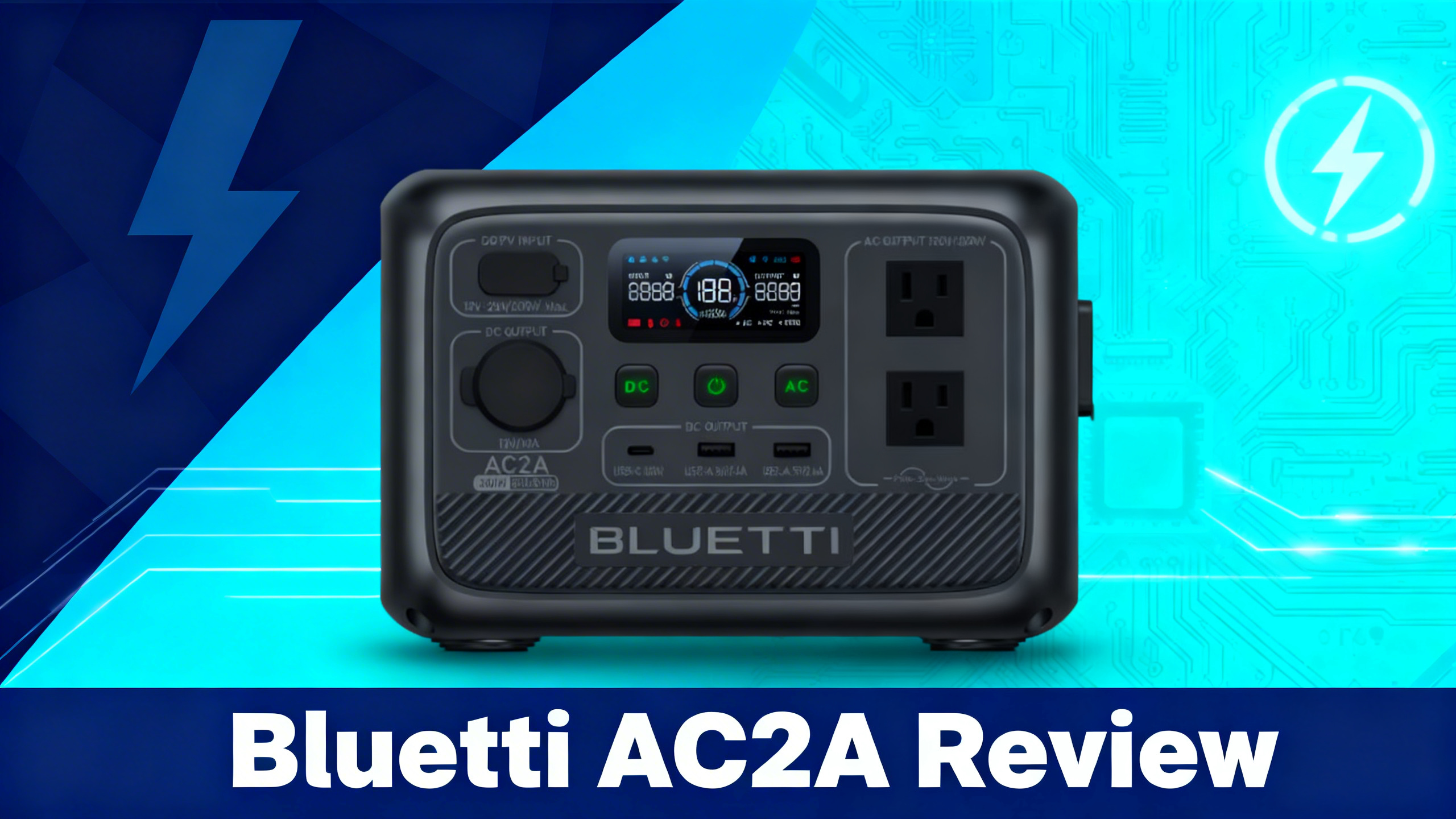 Premium tech editorial illustration of Bluetti AC2A compact 300W power station on navy blue and cyan gradient background