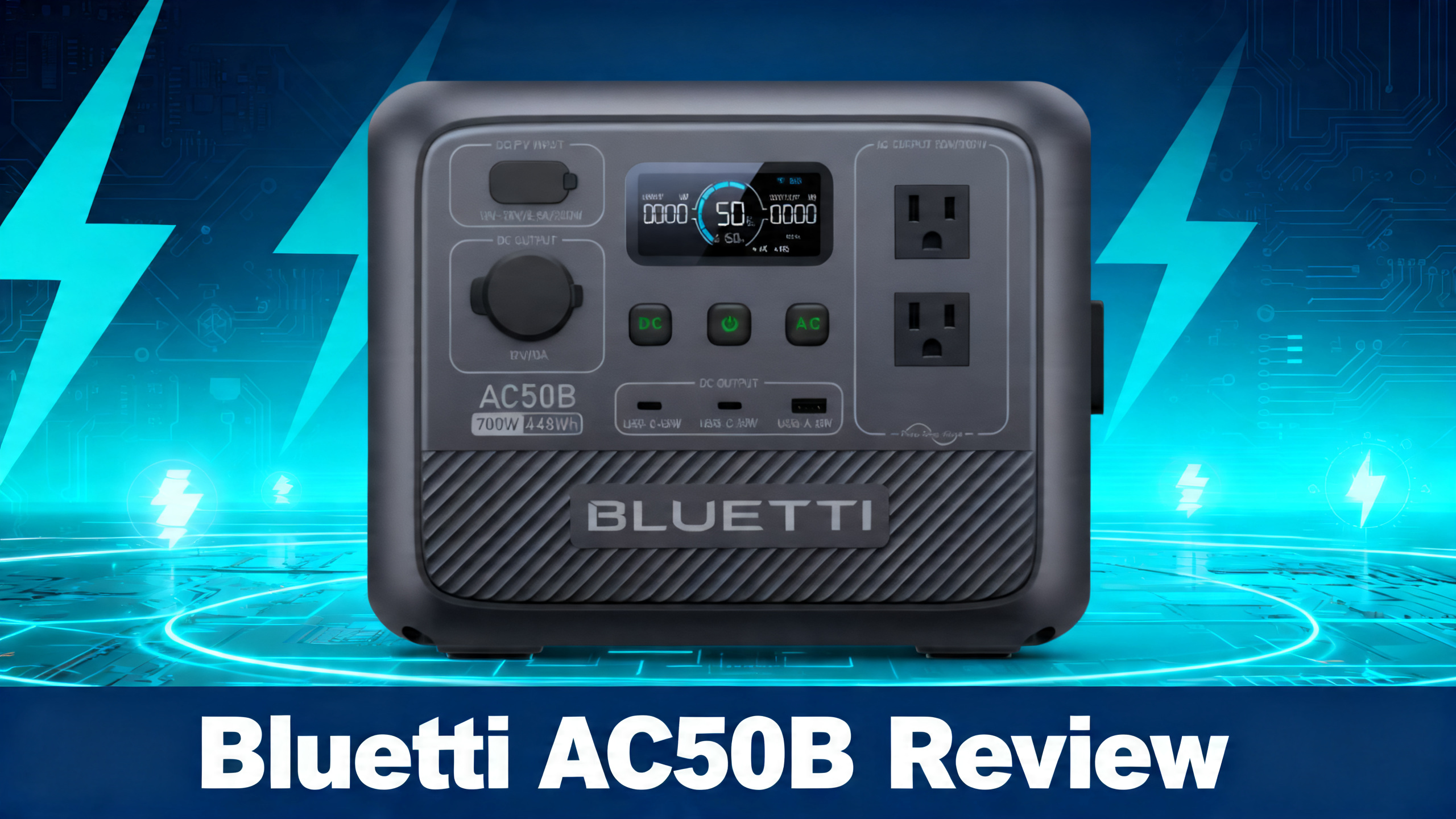 Bluetti AC50B portable power station review hero image with navy blue to cyan gradient background
