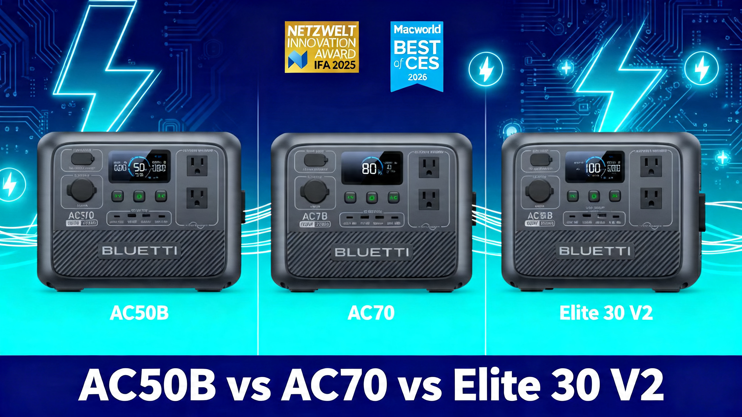 Bluetti AC50B vs AC70 vs Elite 30 V2 three-way comparison hero image