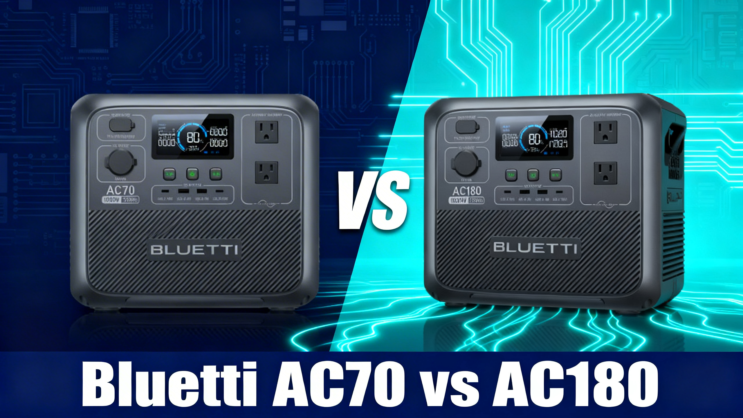 VS comparison hero showing Bluetti AC70 and AC180 power stations side by side on navy blue cyan gradient