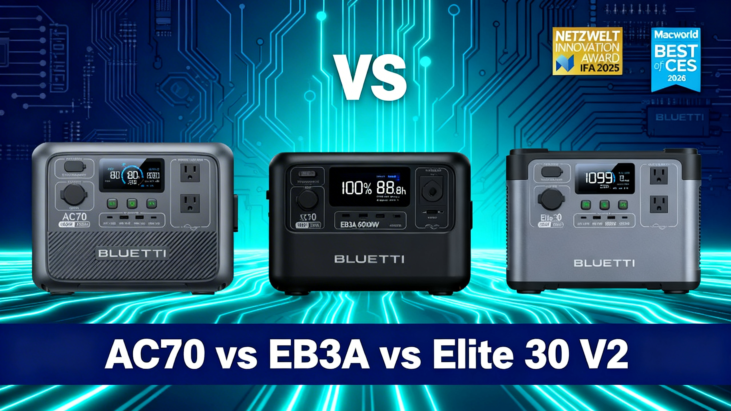 VS comparison hero showing Bluetti AC70, EB3A and Elite 30 V2 budget power stations side by side on navy blue cyan gradient